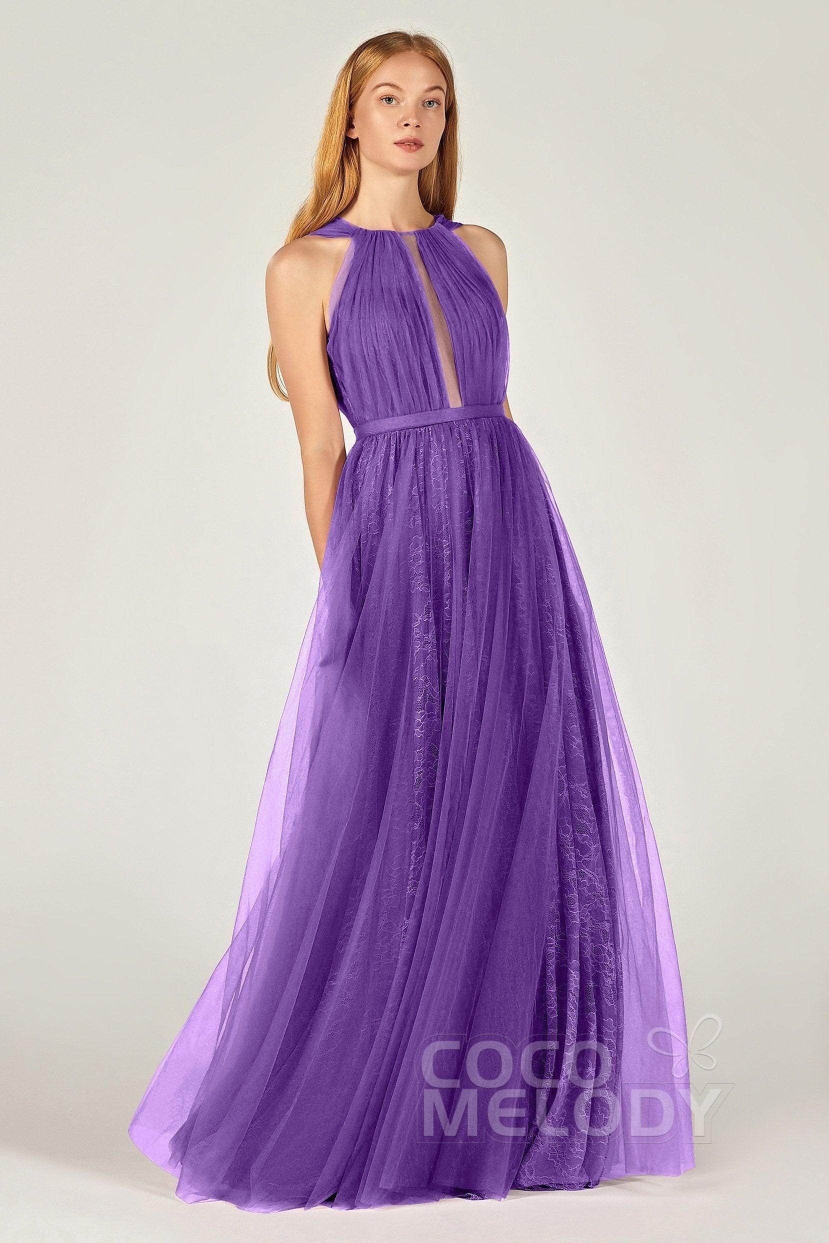 A-Line Floor Length Tulle/Lace Bridesmaid Dress CB0376 - COCOMELODY