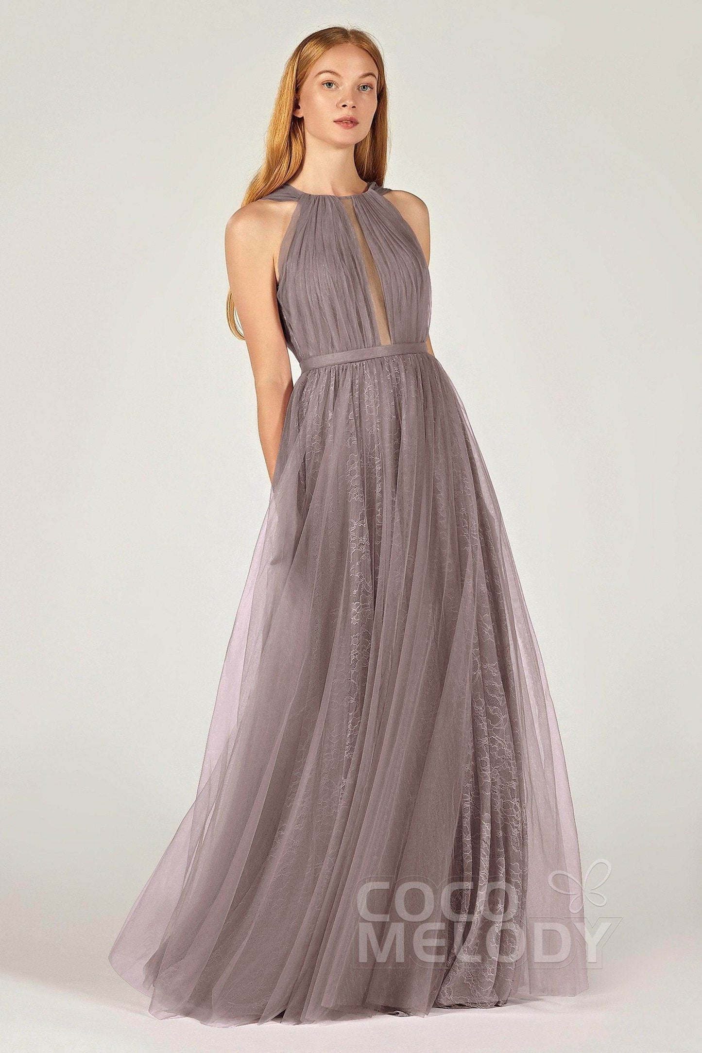 A-Line Floor Length Tulle/Lace Bridesmaid Dress CB0376 - COCOMELODY