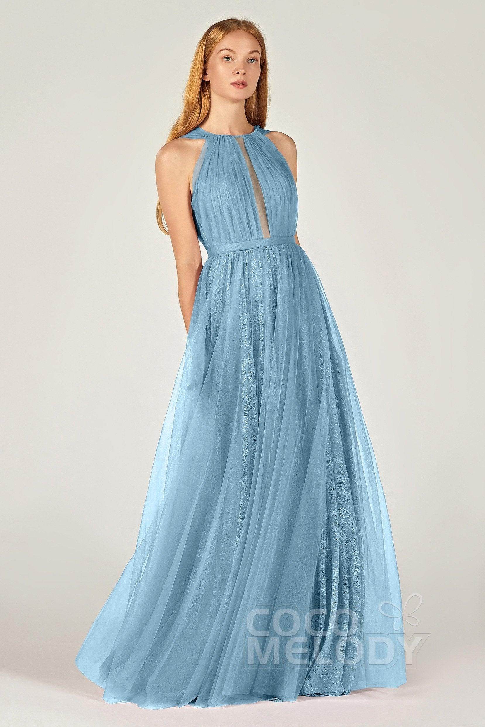 A-Line Floor Length Tulle/Lace Bridesmaid Dress CB0376 - COCOMELODY
