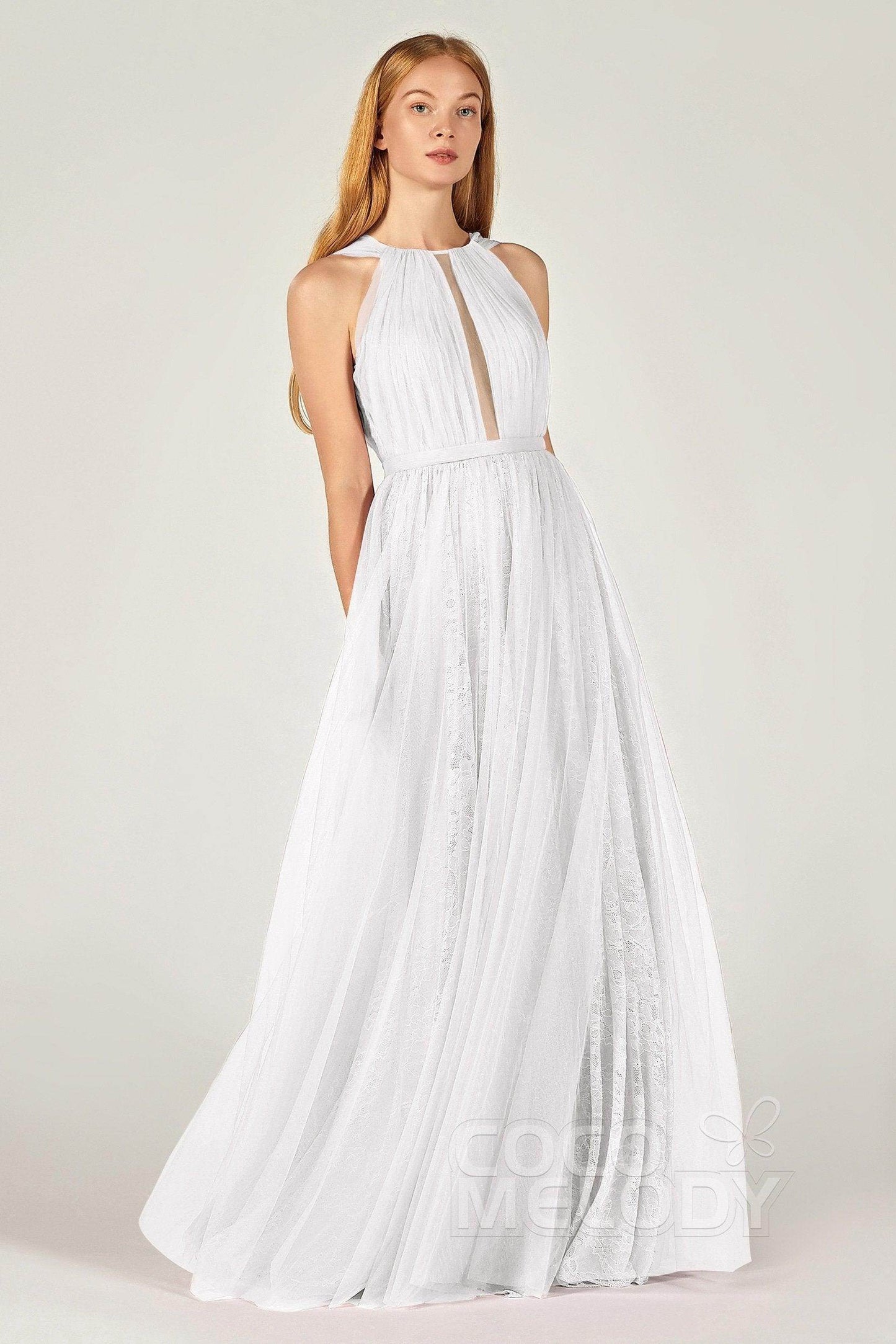 A-Line Floor Length Tulle/Lace Bridesmaid Dress CB0376 - COCOMELODY