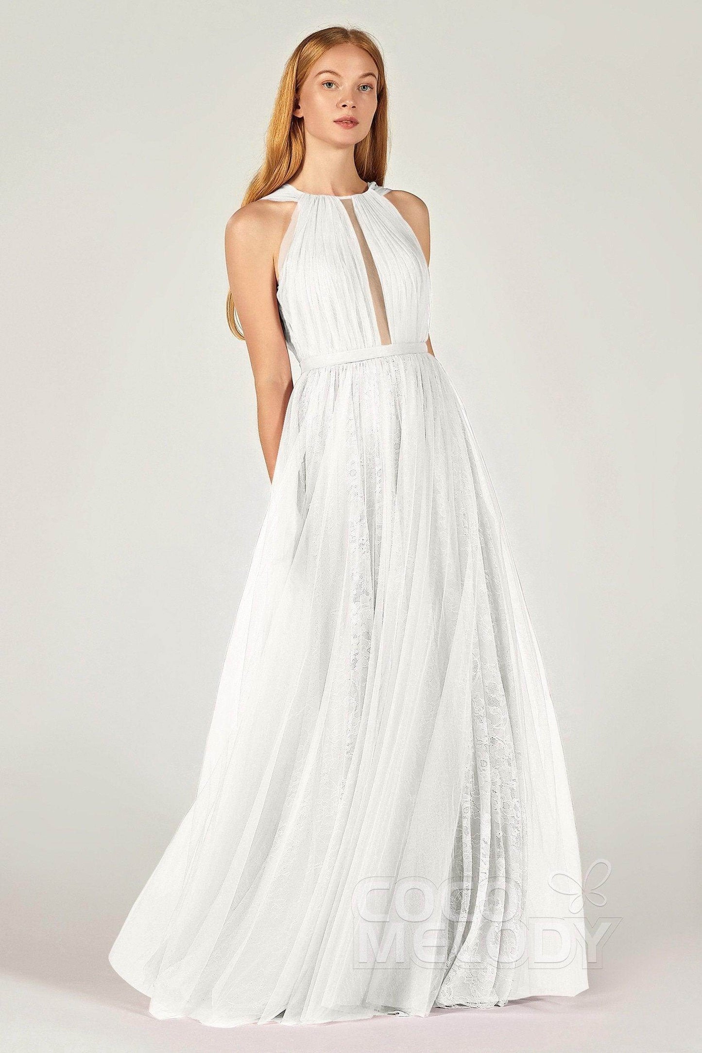 A-Line Floor Length Tulle/Lace Bridesmaid Dress CB0376 - COCOMELODY
