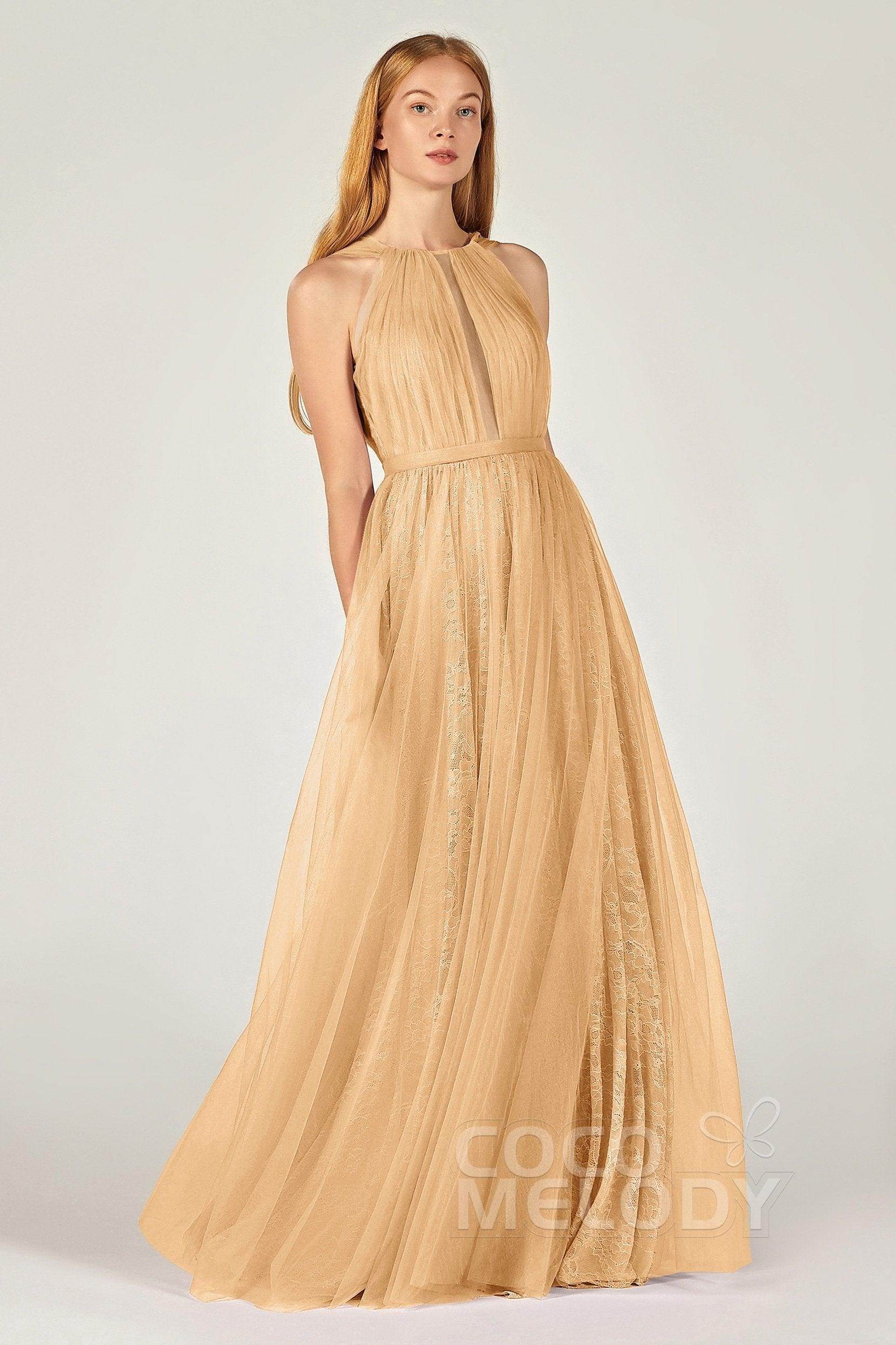 A-Line Floor Length Tulle/Lace Bridesmaid Dress CB0376 - COCOMELODY