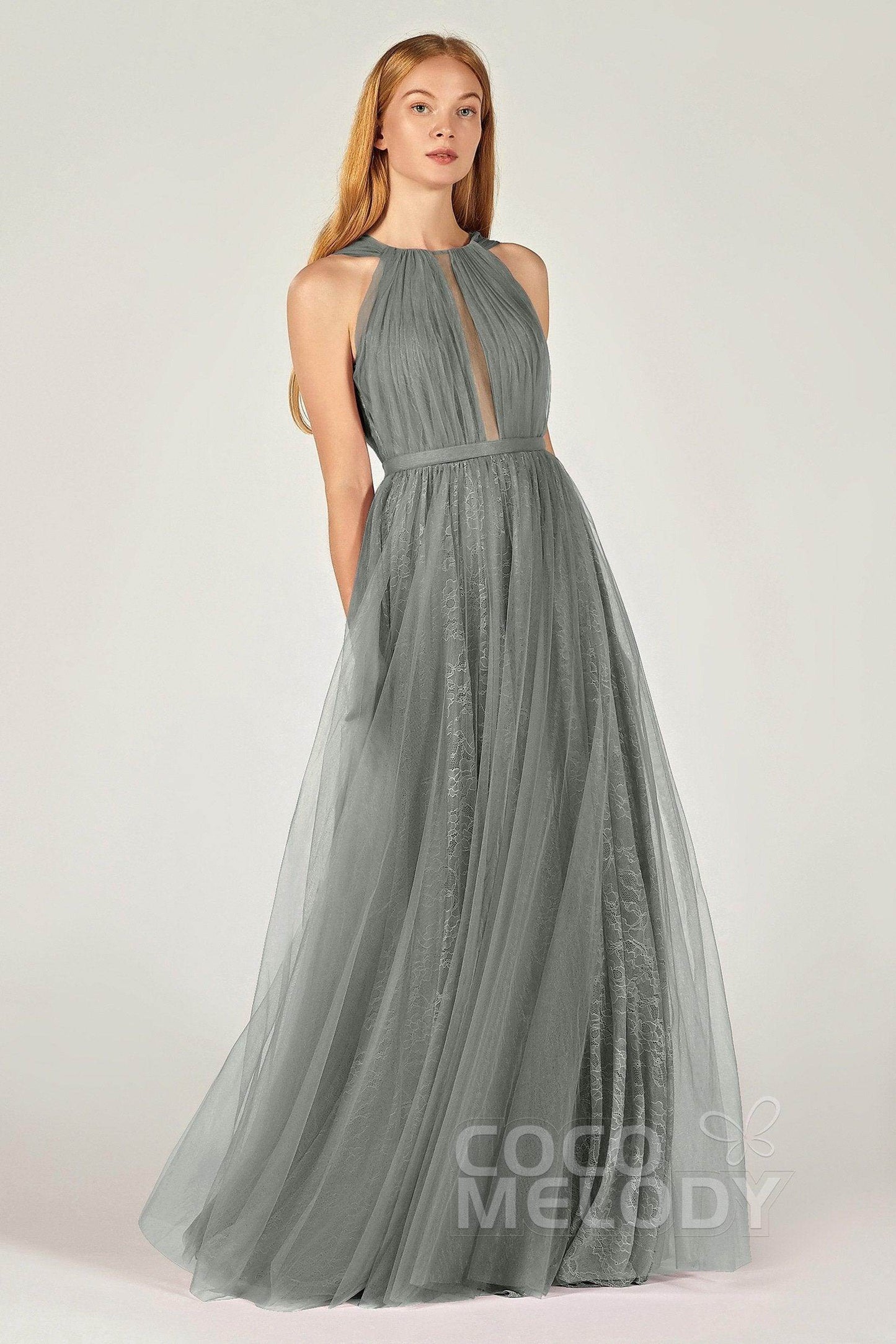 A-Line Floor Length Tulle/Lace Bridesmaid Dress CB0376 - COCOMELODY