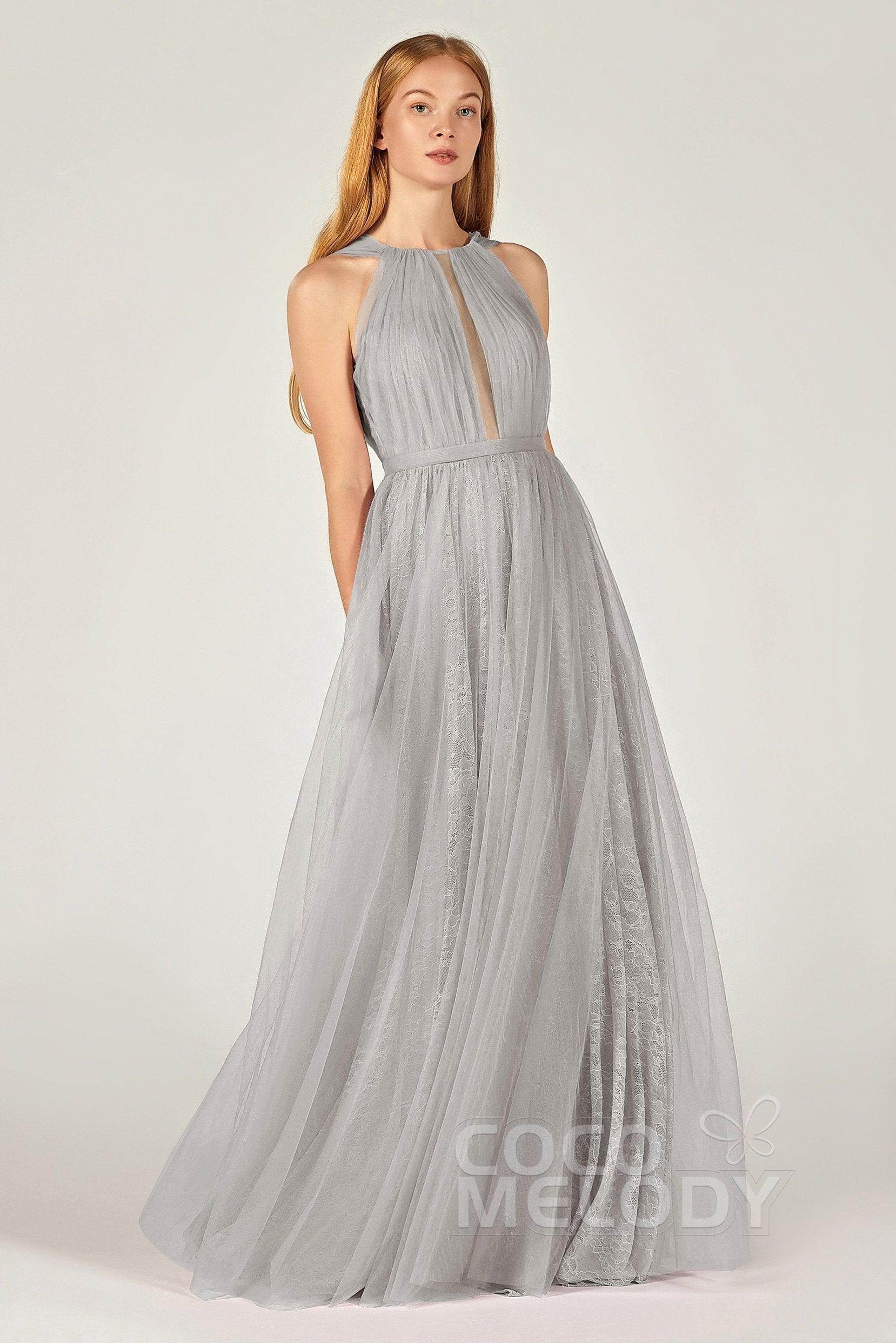 A-Line Floor Length Tulle/Lace Bridesmaid Dress CB0376 - COCOMELODY