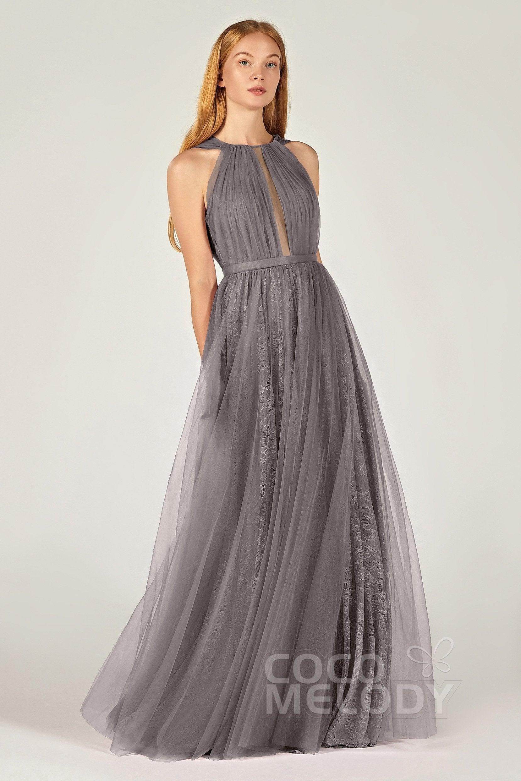 A-Line Floor Length Tulle/Lace Bridesmaid Dress CB0376 - COCOMELODY