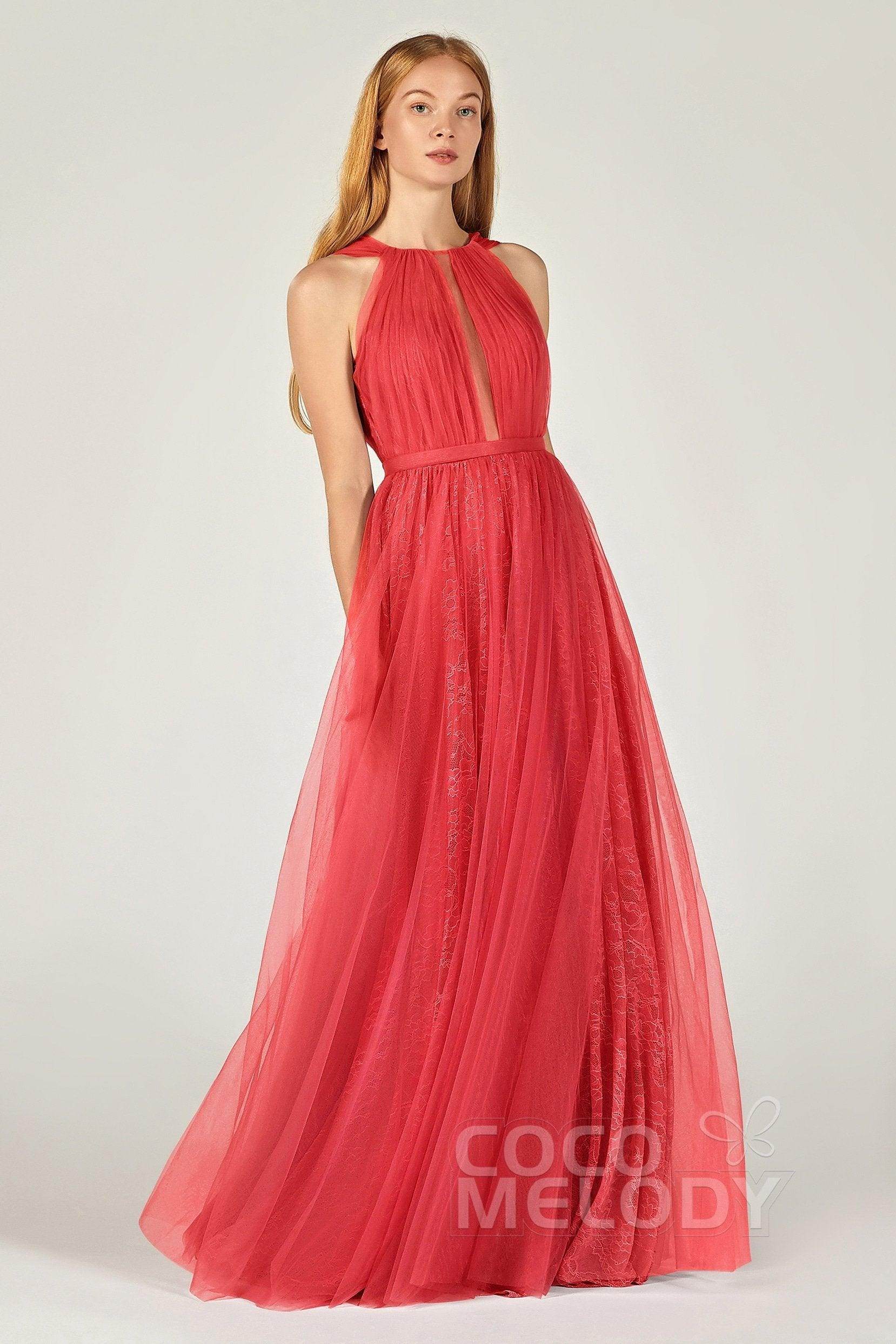 A-Line Floor Length Tulle/Lace Bridesmaid Dress CB0376 - COCOMELODY