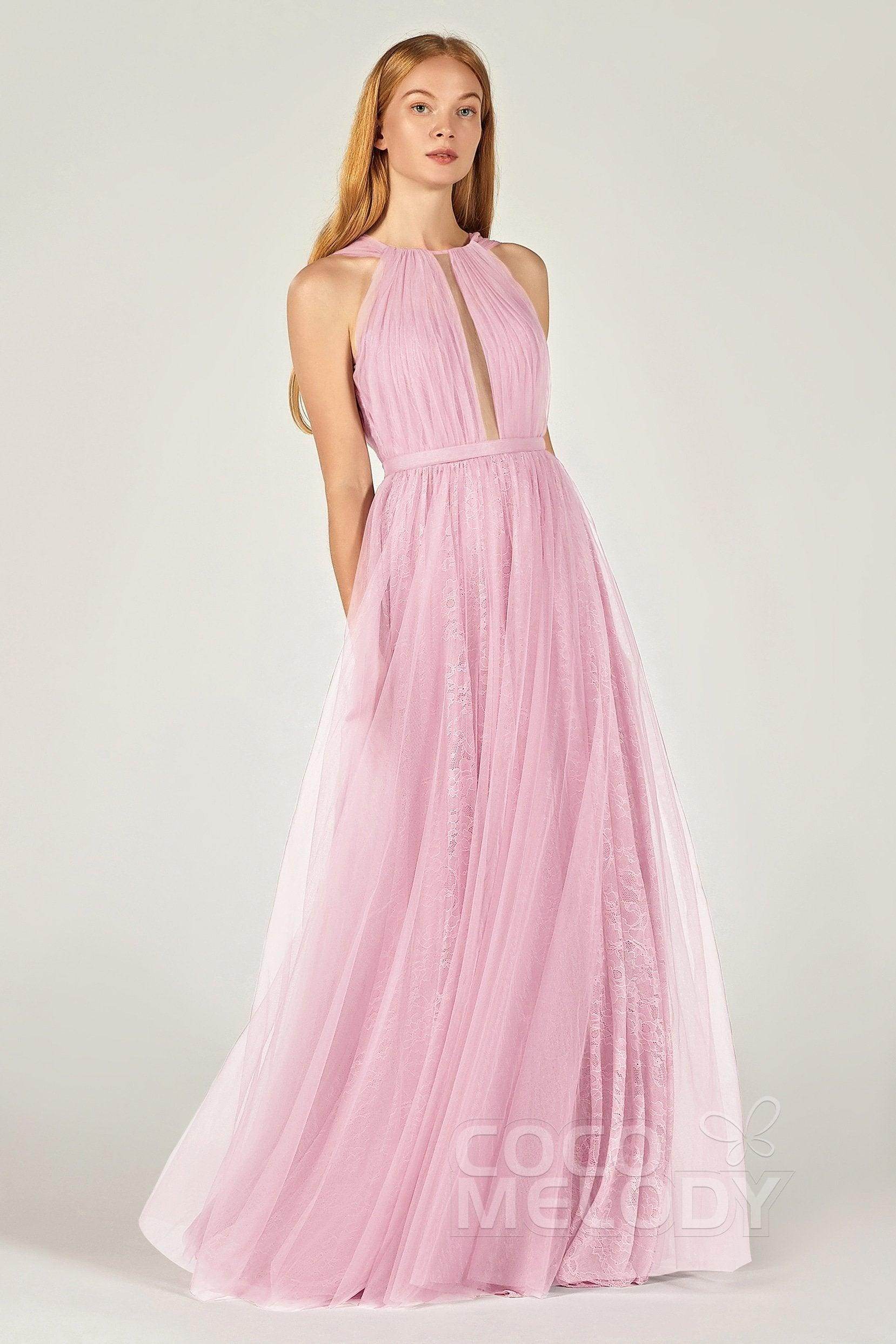 A-Line Floor Length Tulle/Lace Bridesmaid Dress CB0376 - COCOMELODY