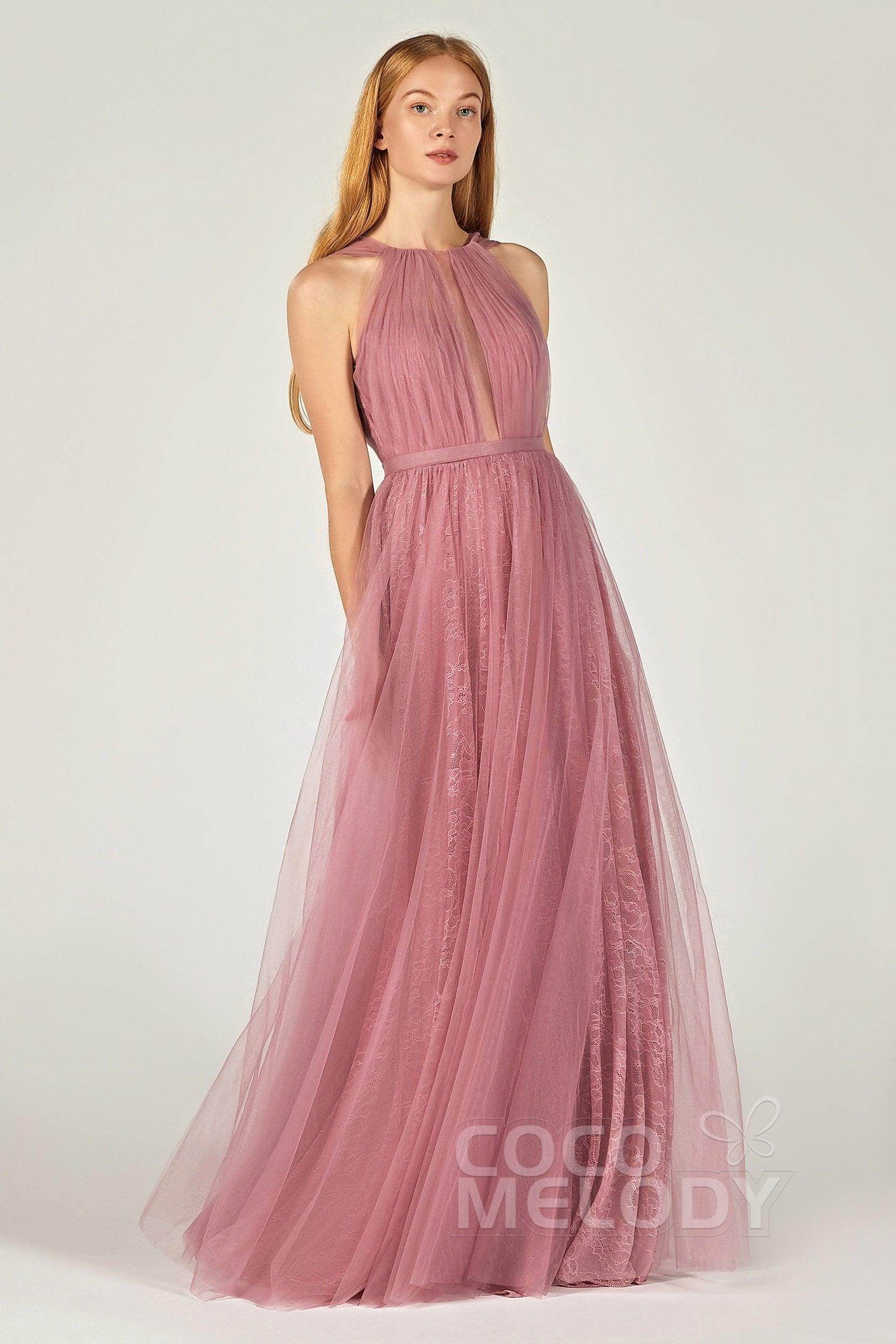 A-Line Floor Length Tulle/Lace Bridesmaid Dress CB0376 - COCOMELODY