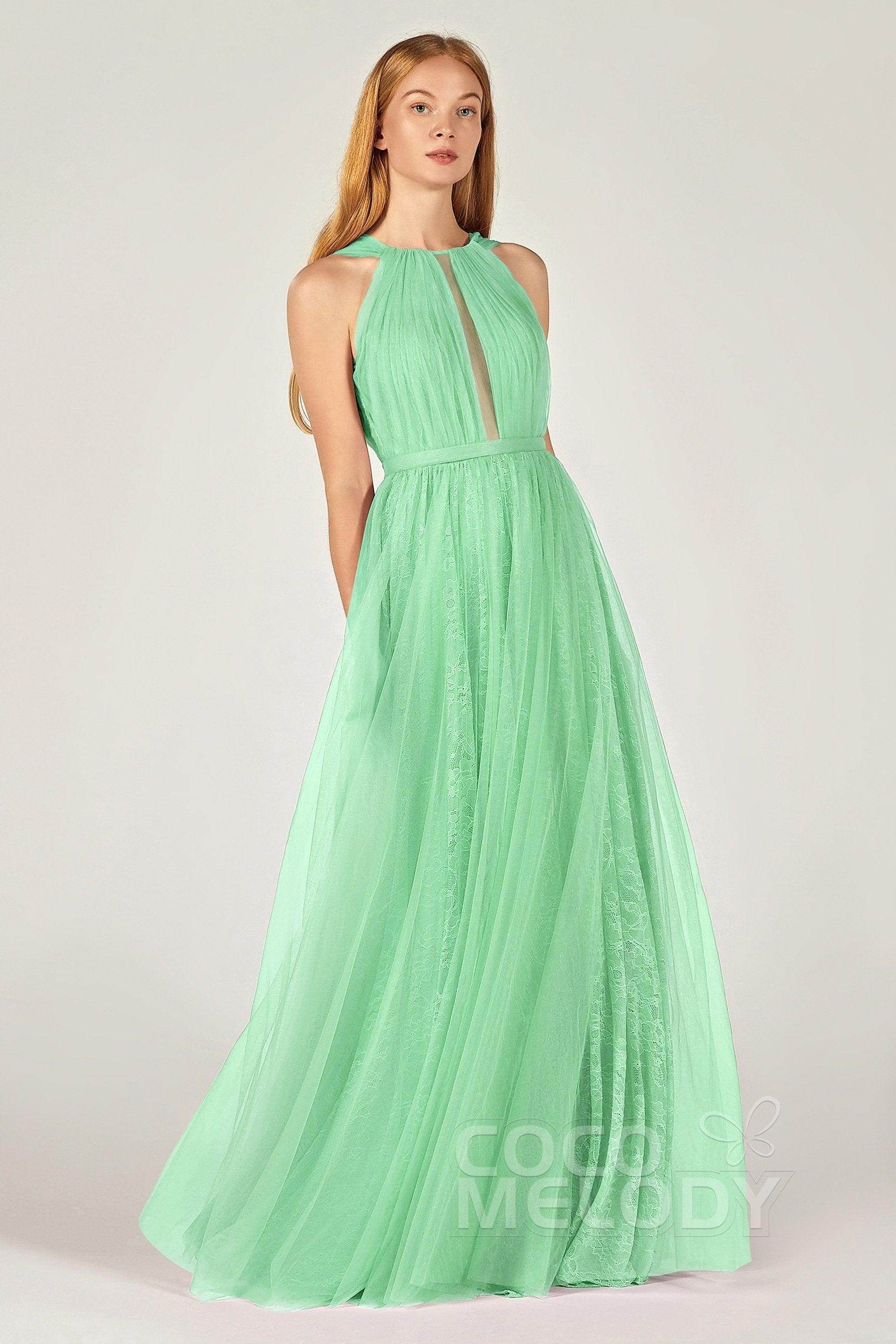 A-Line Floor Length Tulle/Lace Bridesmaid Dress CB0376 - COCOMELODY