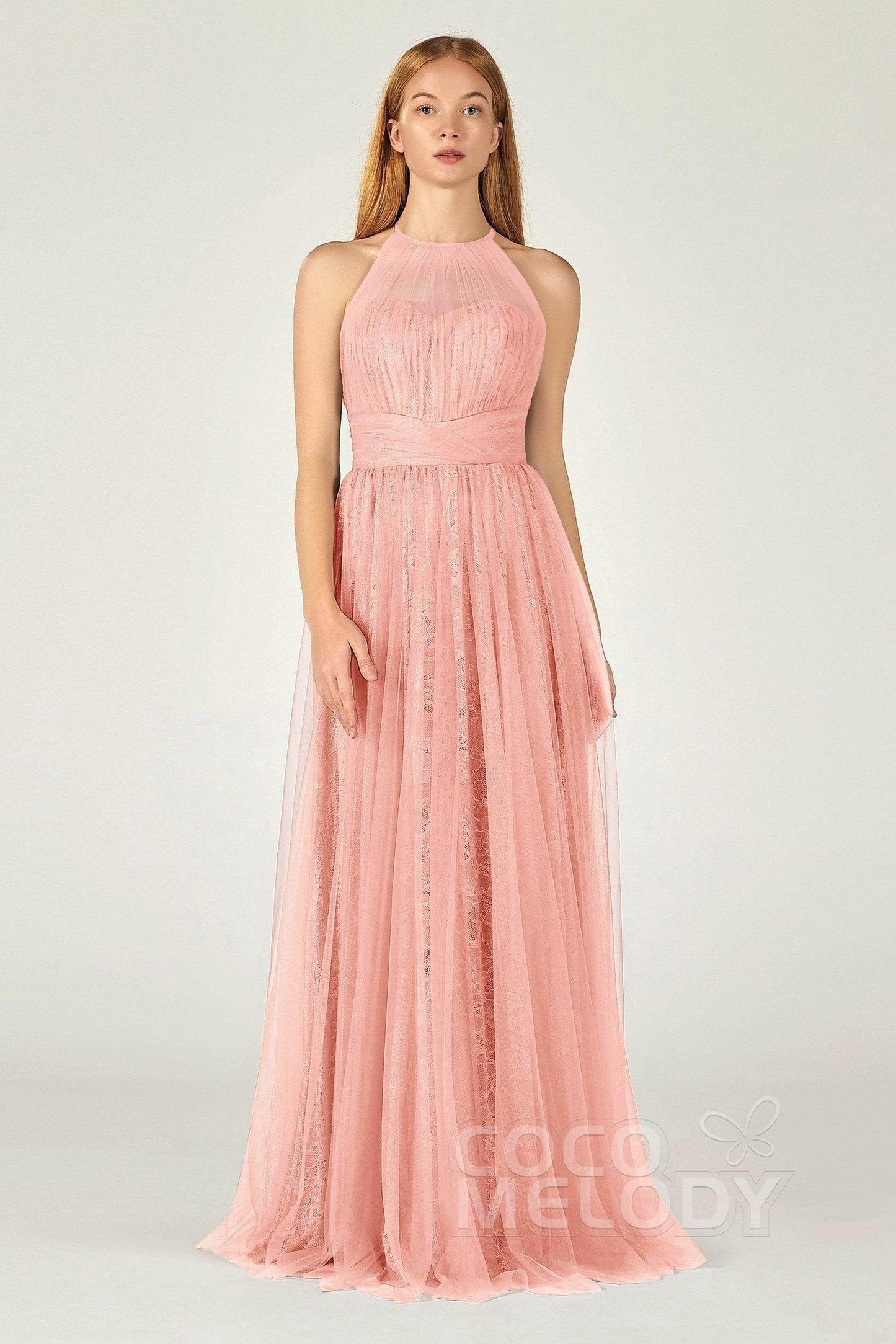A-Line Floor Length Tulle Lace Bridesmaid Dress CB0377 - COCOMELODY