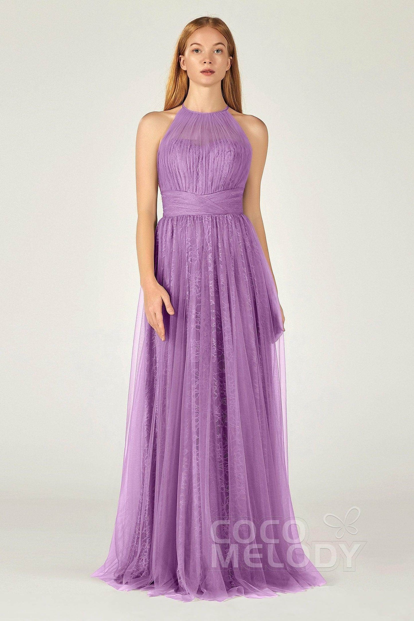 A-Line Floor Length Tulle Lace Bridesmaid Dress CB0377 - COCOMELODY