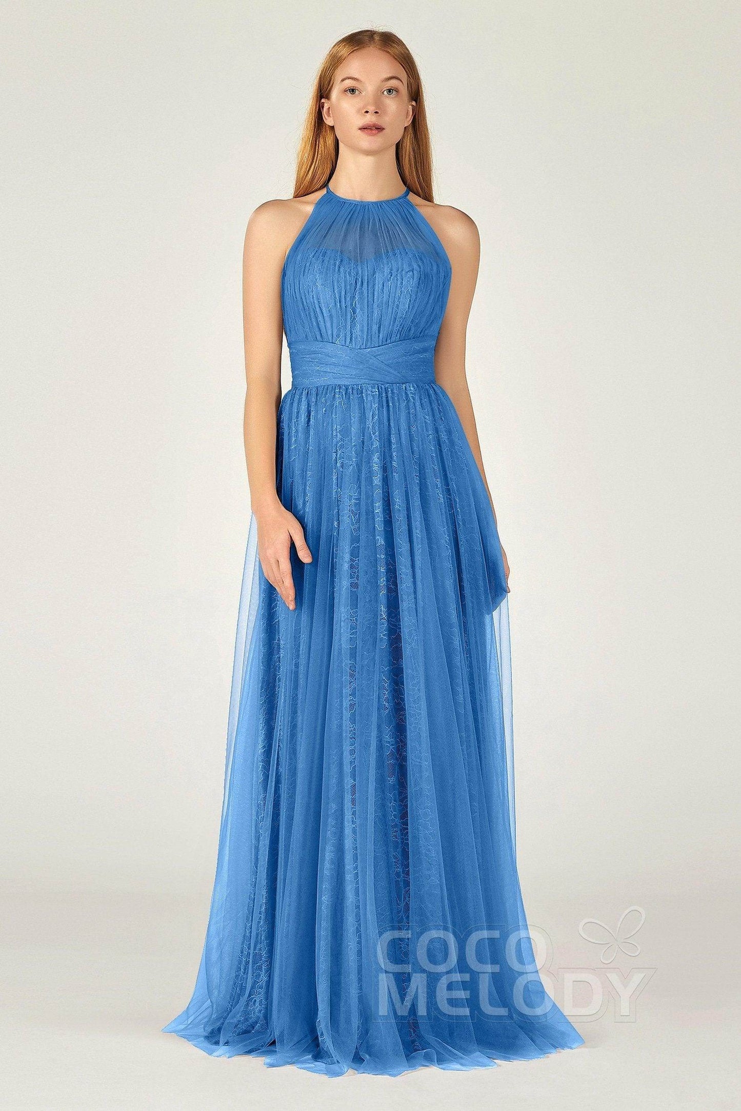 A-Line Floor Length Tulle Lace Bridesmaid Dress CB0377 - COCOMELODY