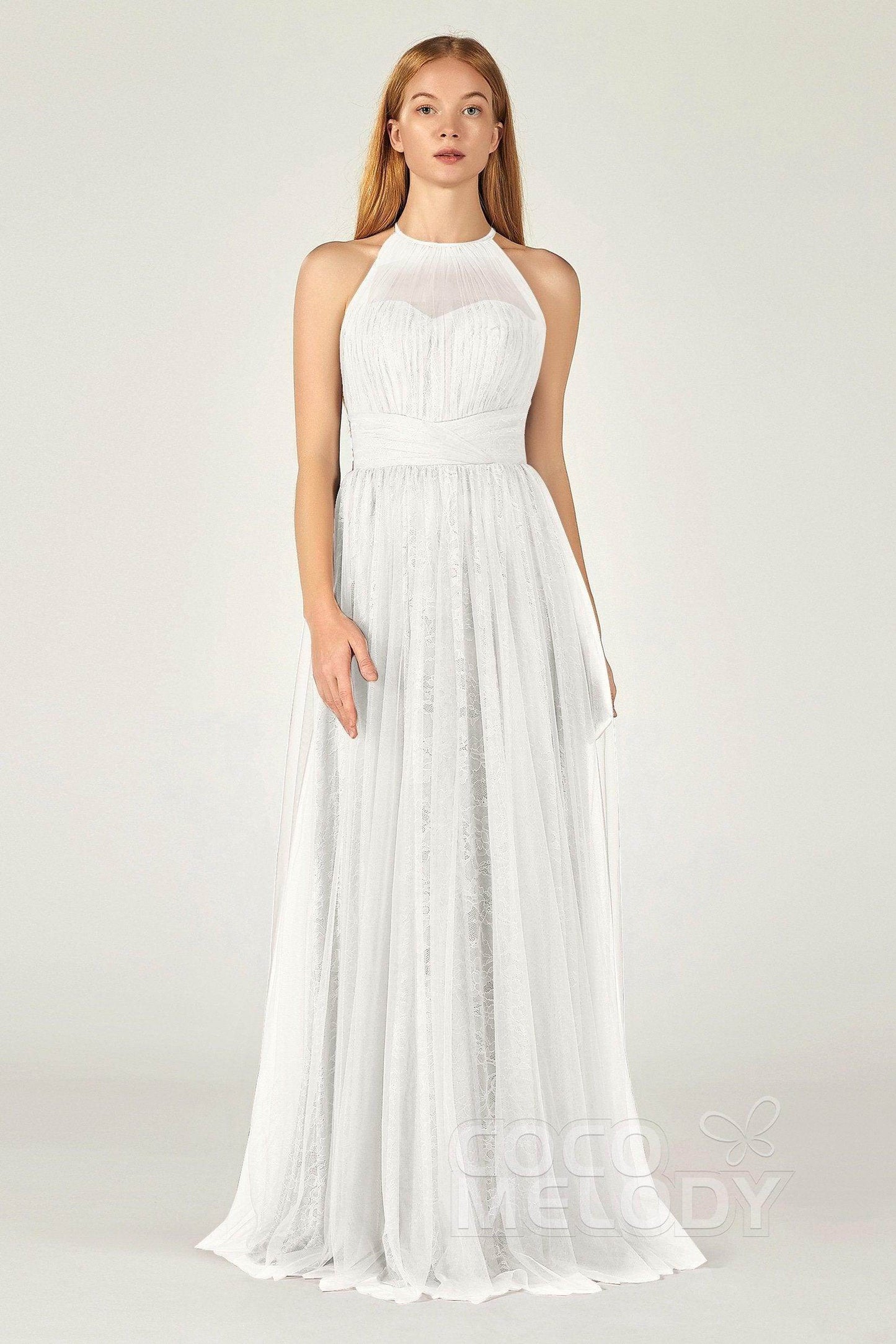 A-Line Floor Length Tulle Lace Bridesmaid Dress CB0377 - COCOMELODY