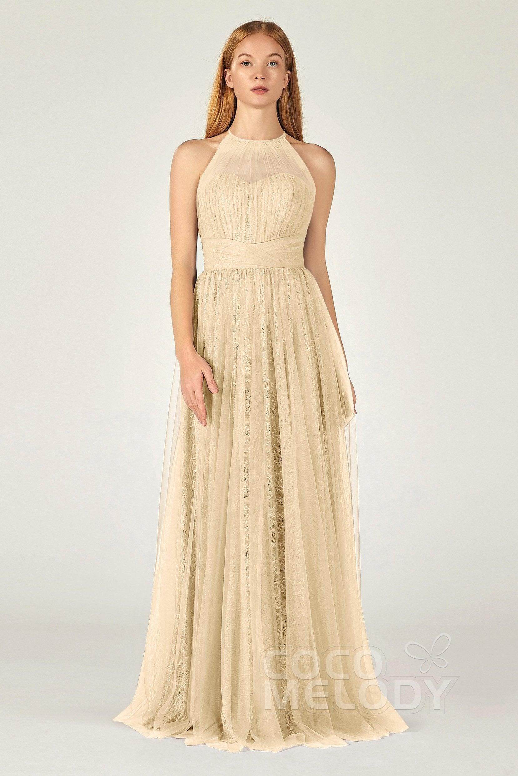 A-Line Floor Length Tulle Lace Bridesmaid Dress CB0377 - COCOMELODY