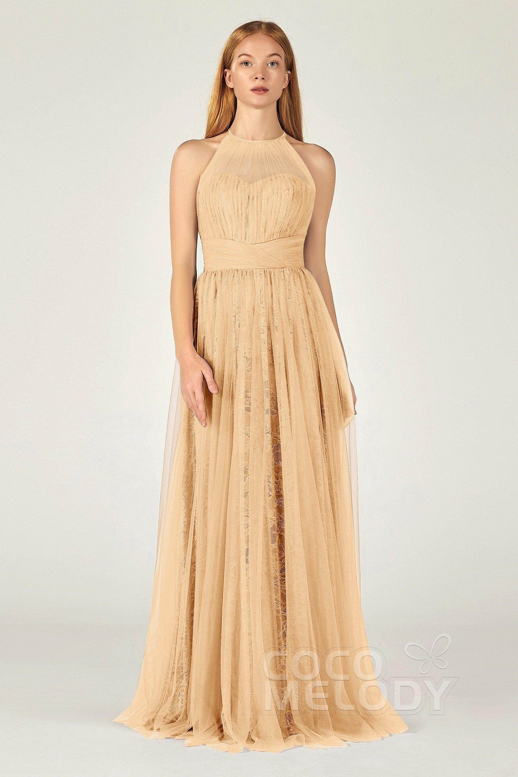 A-Line Floor Length Tulle Lace Bridesmaid Dress CB0377 - COCOMELODY