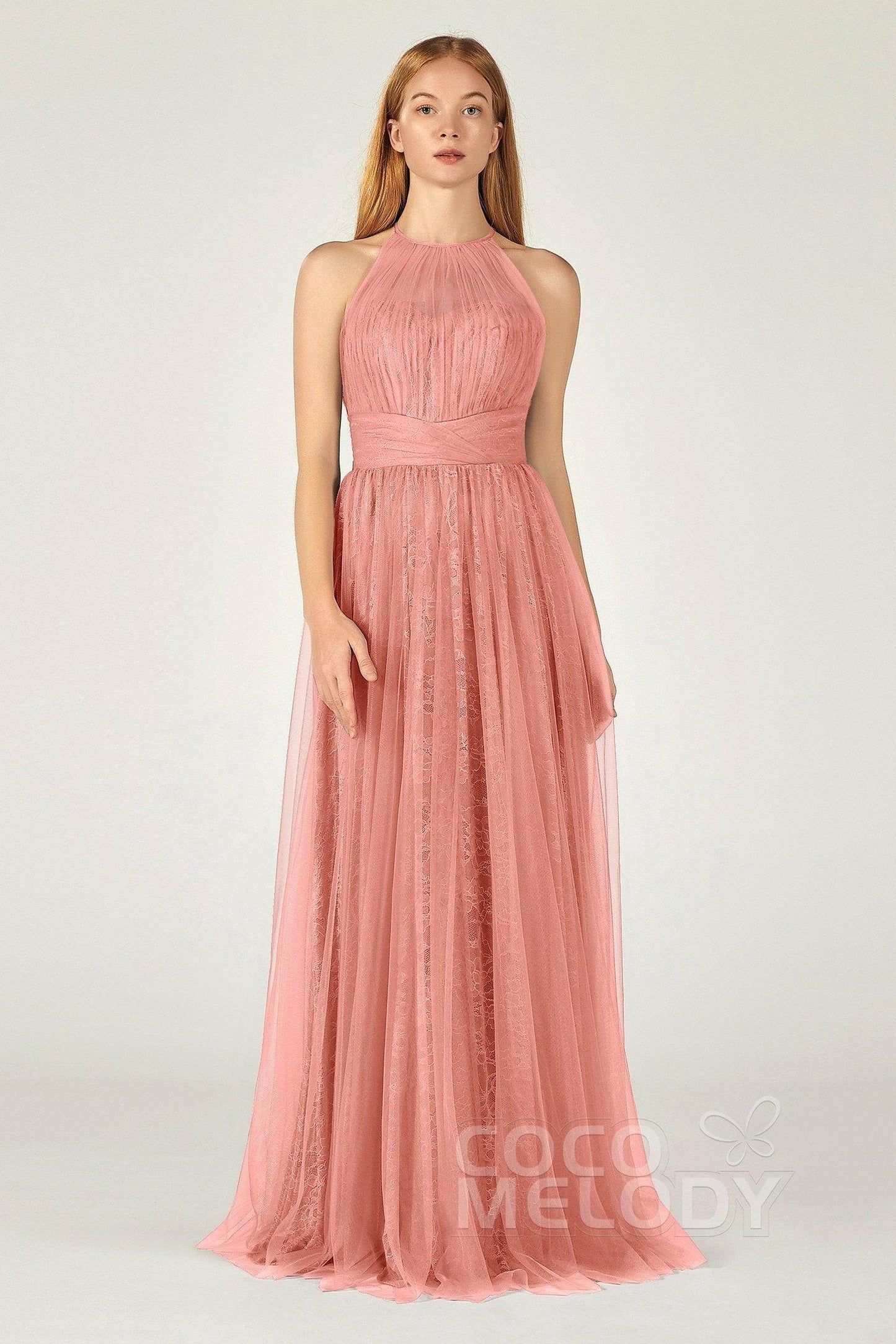 A-Line Floor Length Tulle Lace Bridesmaid Dress CB0377 - COCOMELODY