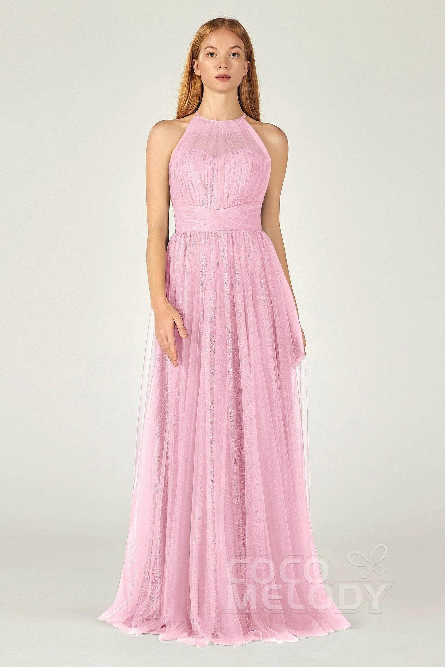A-Line Floor Length Tulle Lace Bridesmaid Dress CB0377 - COCOMELODY