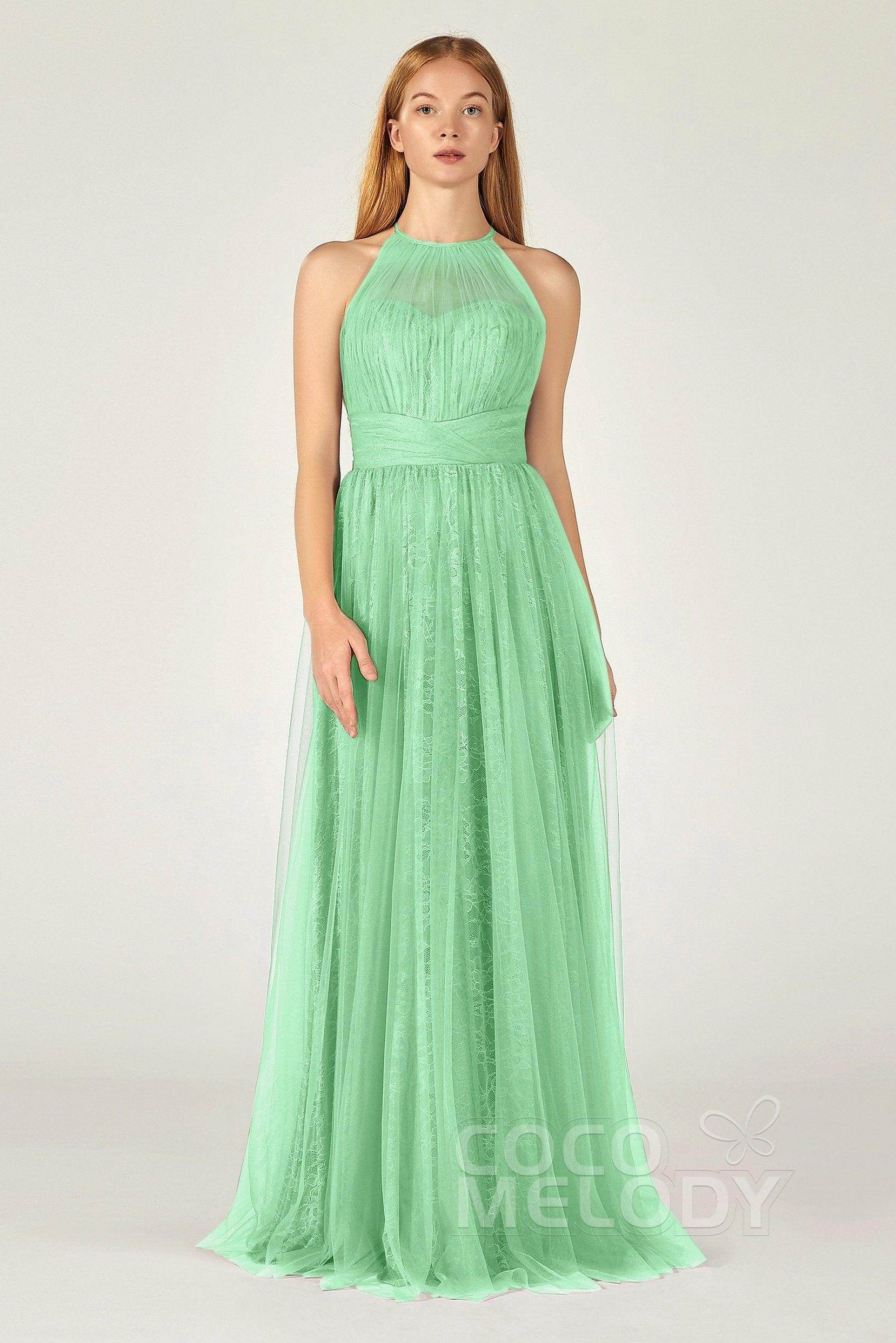 A-Line Floor Length Tulle Lace Bridesmaid Dress CB0377 - COCOMELODY