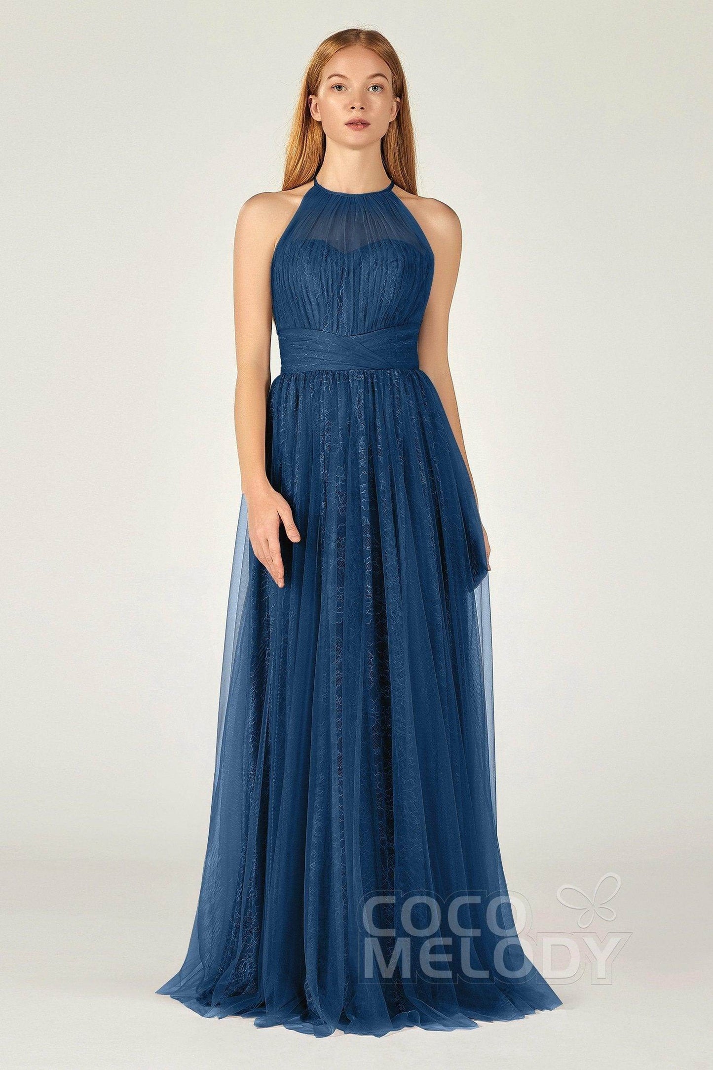 A-Line Floor Length Tulle Lace Bridesmaid Dress CB0377 - COCOMELODY