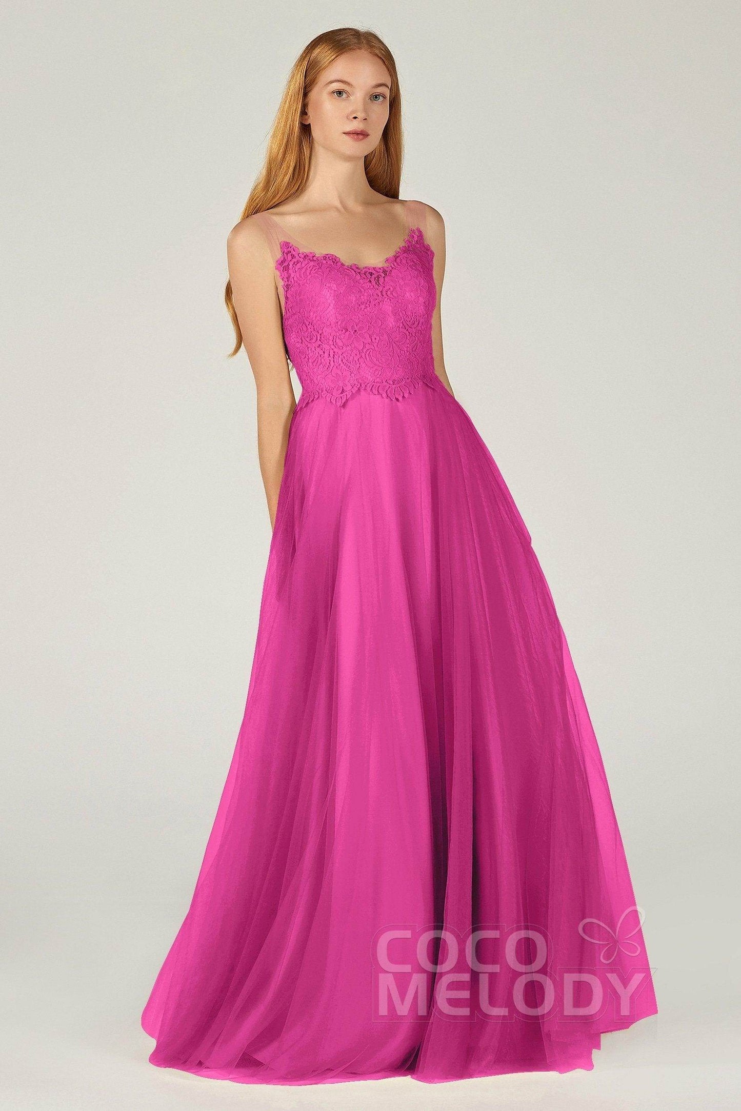A-Line Floor Length Tulle Lace Bridesmaid Dress CB0378 - COCOMELODY