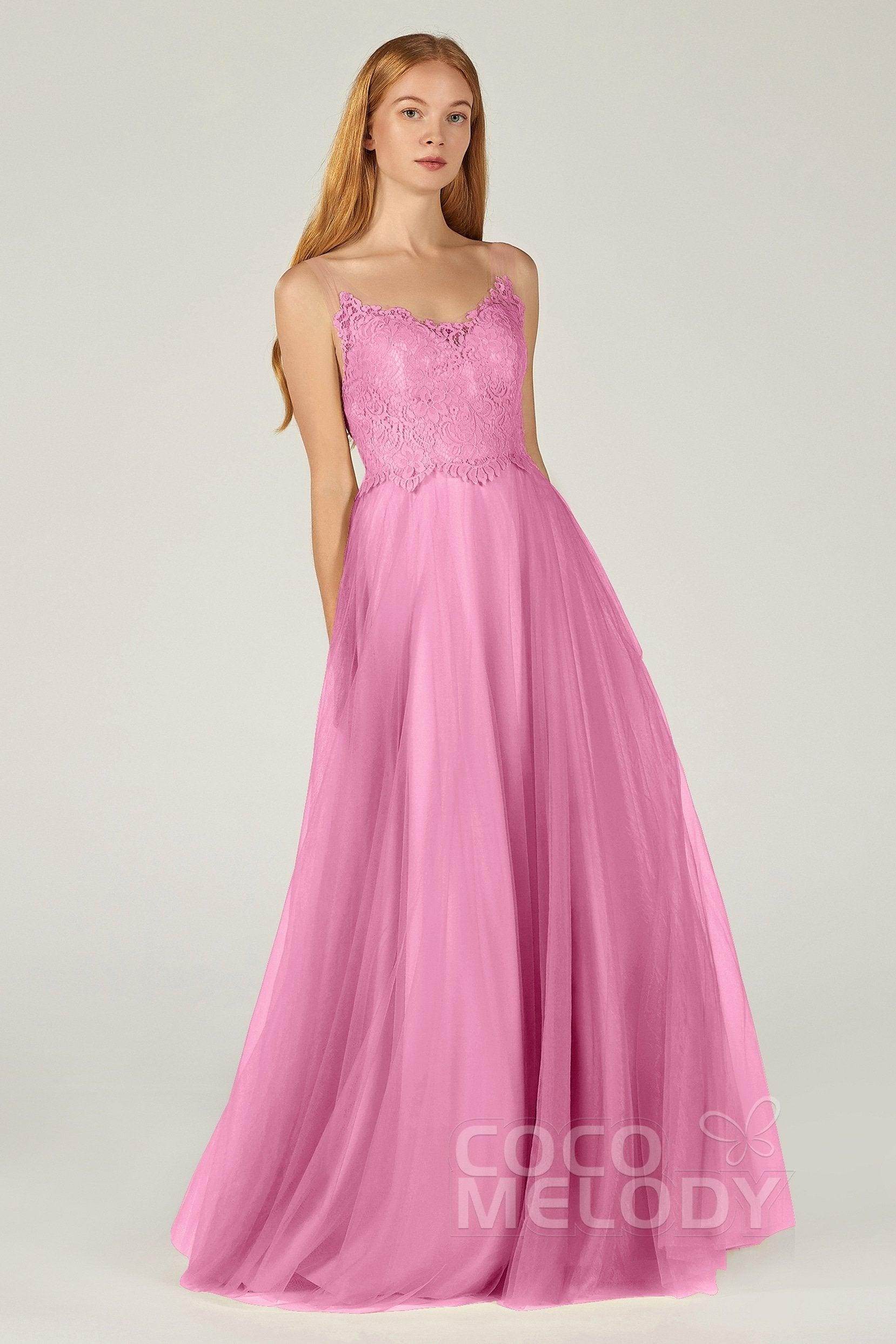 A-Line Floor Length Tulle Lace Bridesmaid Dress CB0378 - COCOMELODY