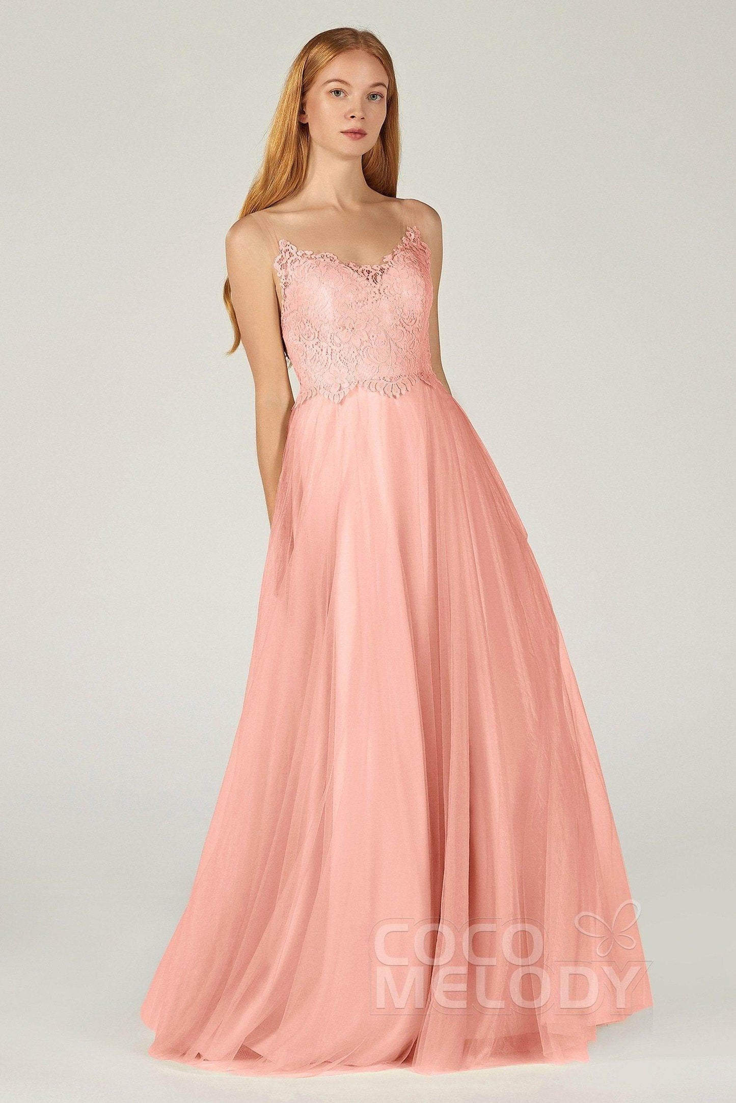 A-Line Floor Length Tulle Lace Bridesmaid Dress CB0378 - COCOMELODY