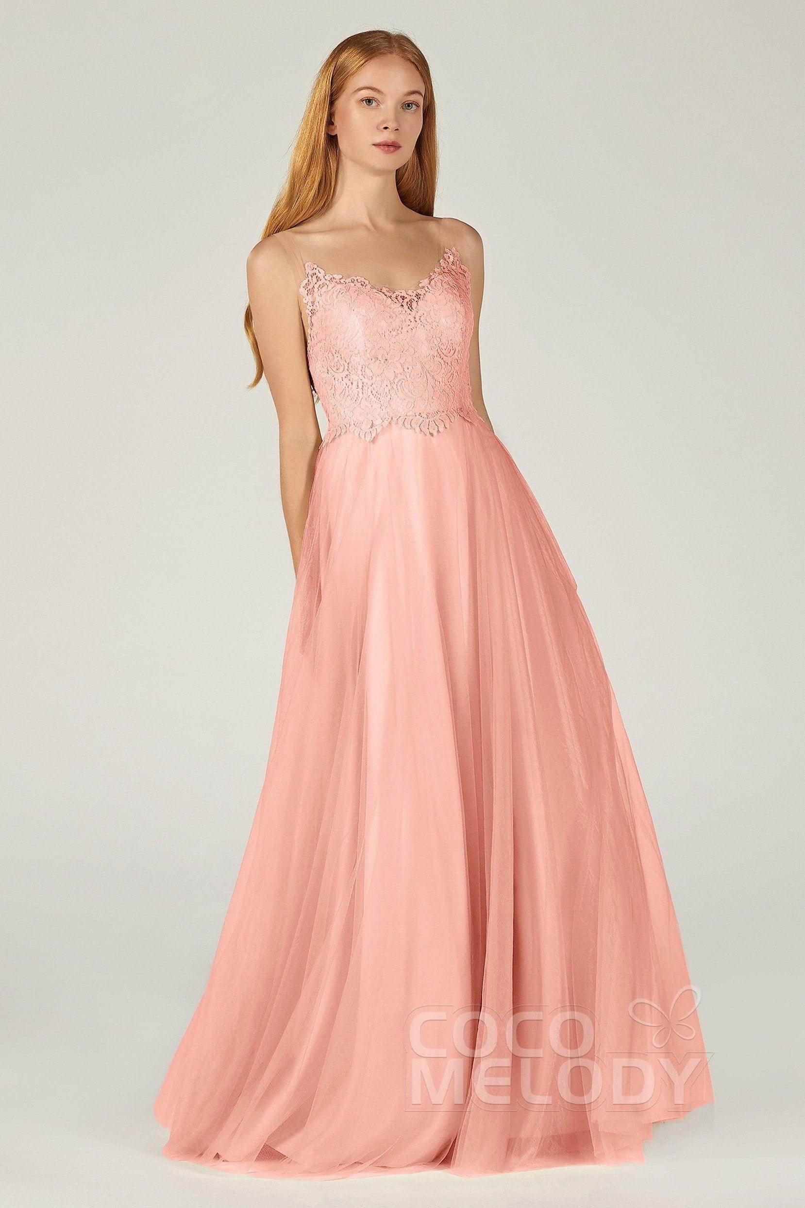 A-Line Floor Length Tulle Lace Bridesmaid Dress CB0378 - COCOMELODY