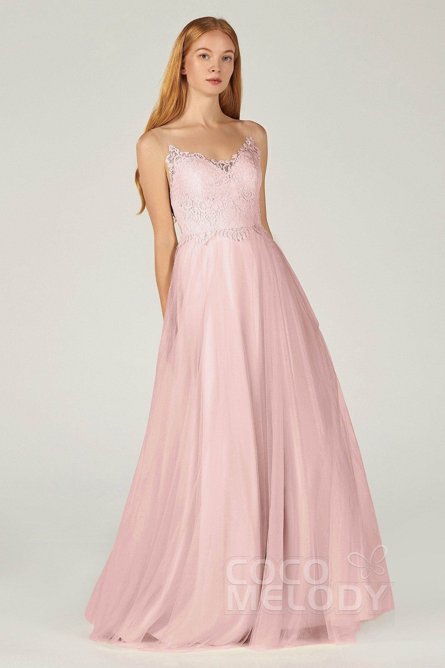 A-Line Floor Length Tulle Lace Bridesmaid Dress CB0378 - COCOMELODY