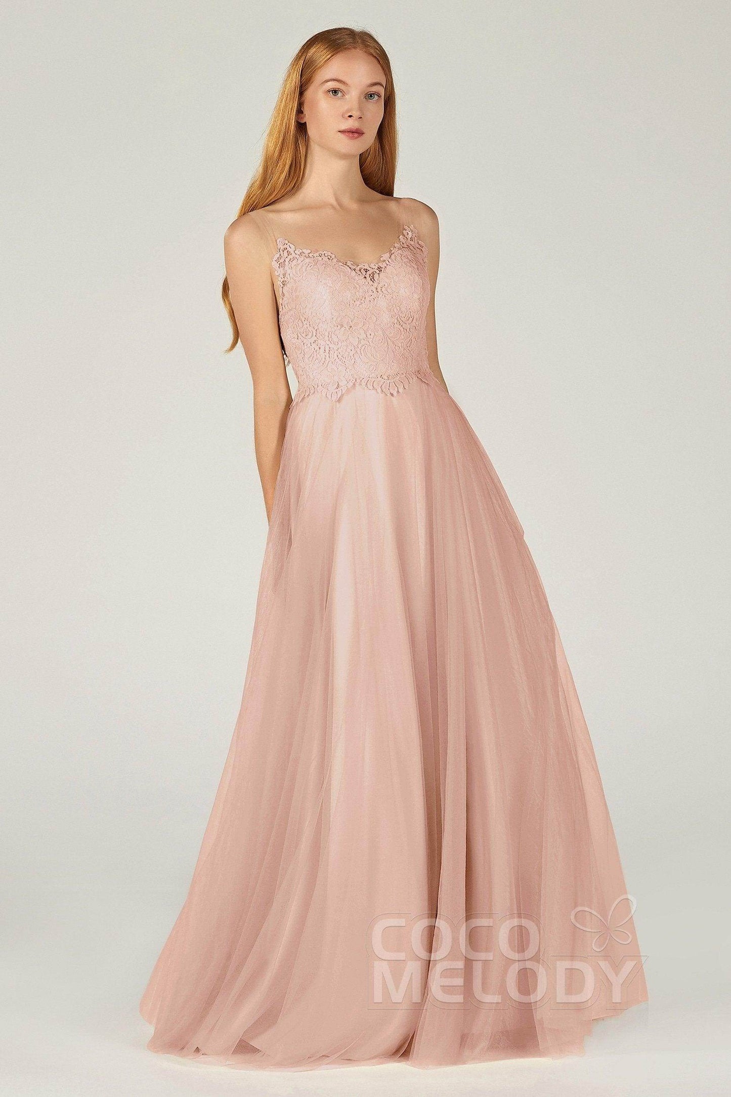 A-Line Floor Length Tulle Lace Bridesmaid Dress CB0378 - COCOMELODY