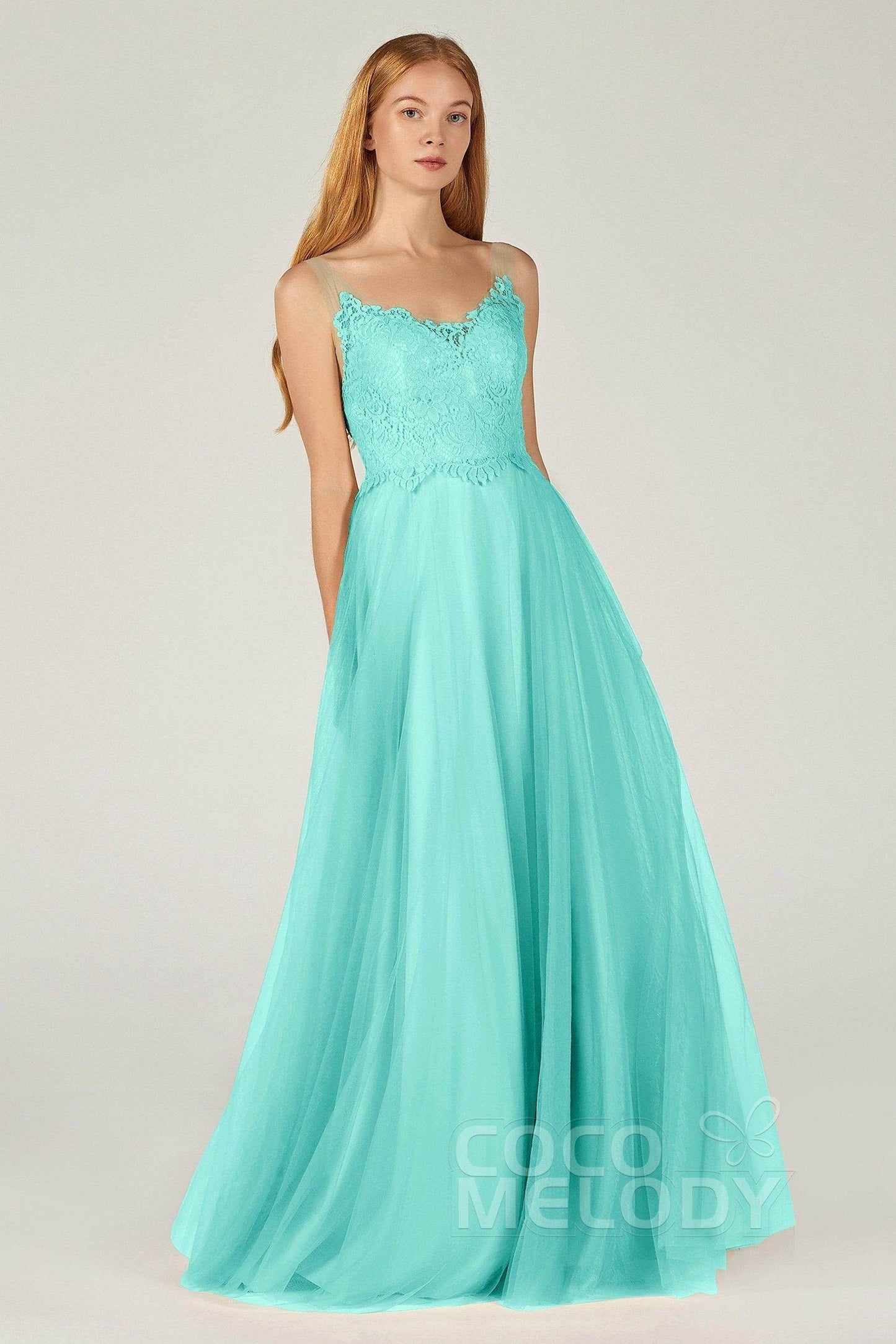 A-Line Floor Length Tulle Lace Bridesmaid Dress CB0378 - COCOMELODY