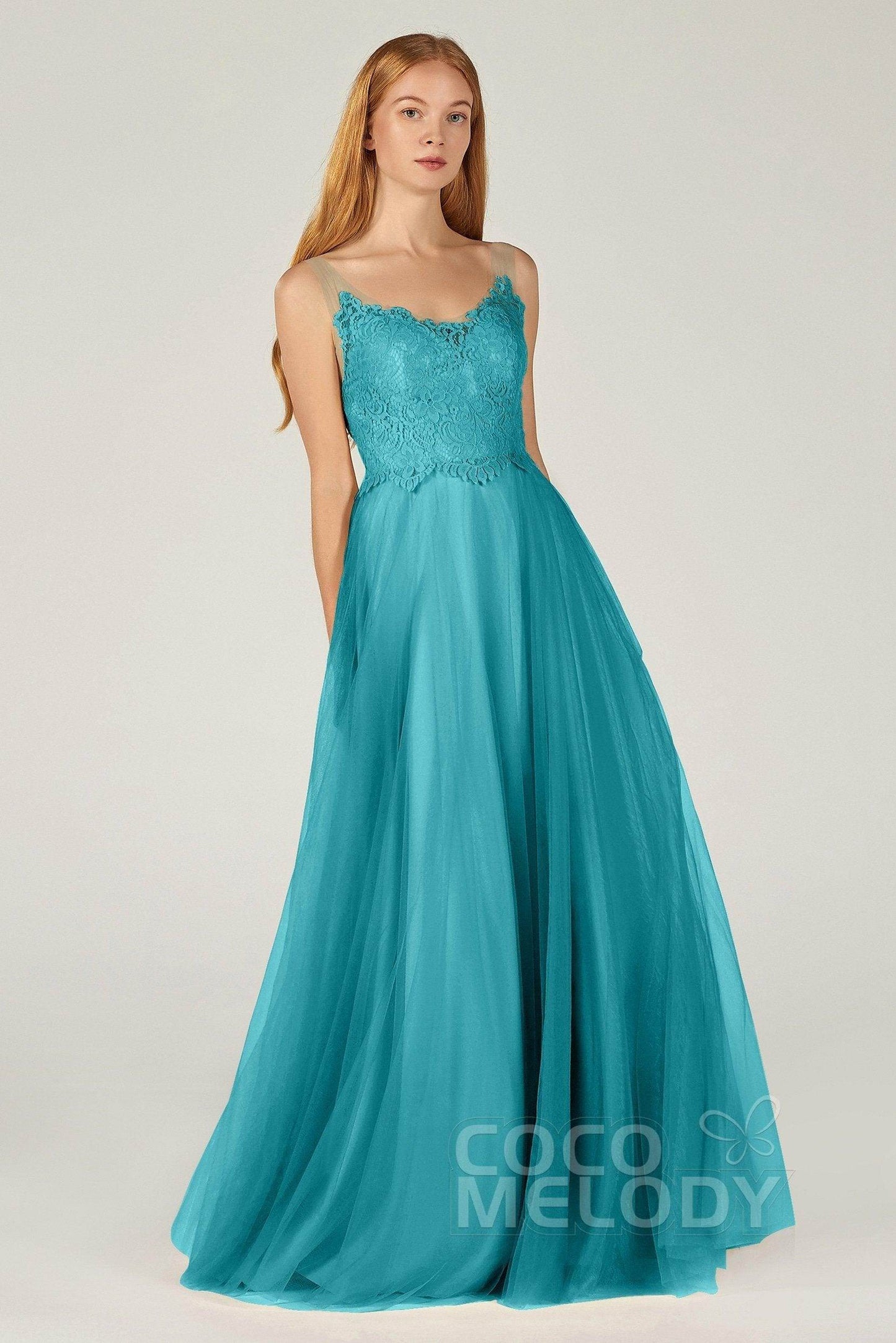 A-Line Floor Length Tulle Lace Bridesmaid Dress CB0378 - COCOMELODY