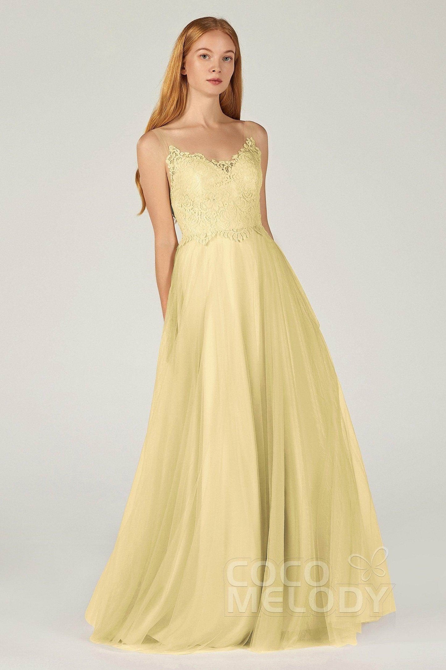 A-Line Floor Length Tulle Lace Bridesmaid Dress CB0378 - COCOMELODY