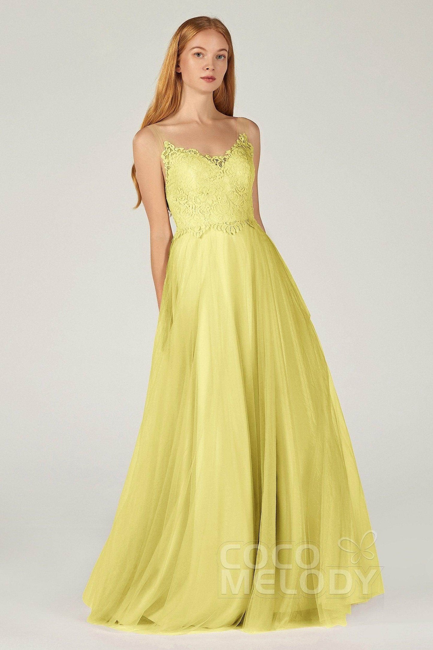 A-Line Floor Length Tulle Lace Bridesmaid Dress CB0378 - COCOMELODY