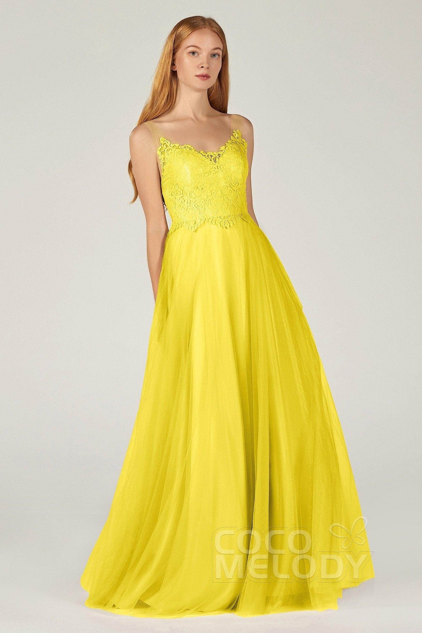 A-Line Floor Length Tulle Lace Bridesmaid Dress CB0378 - COCOMELODY