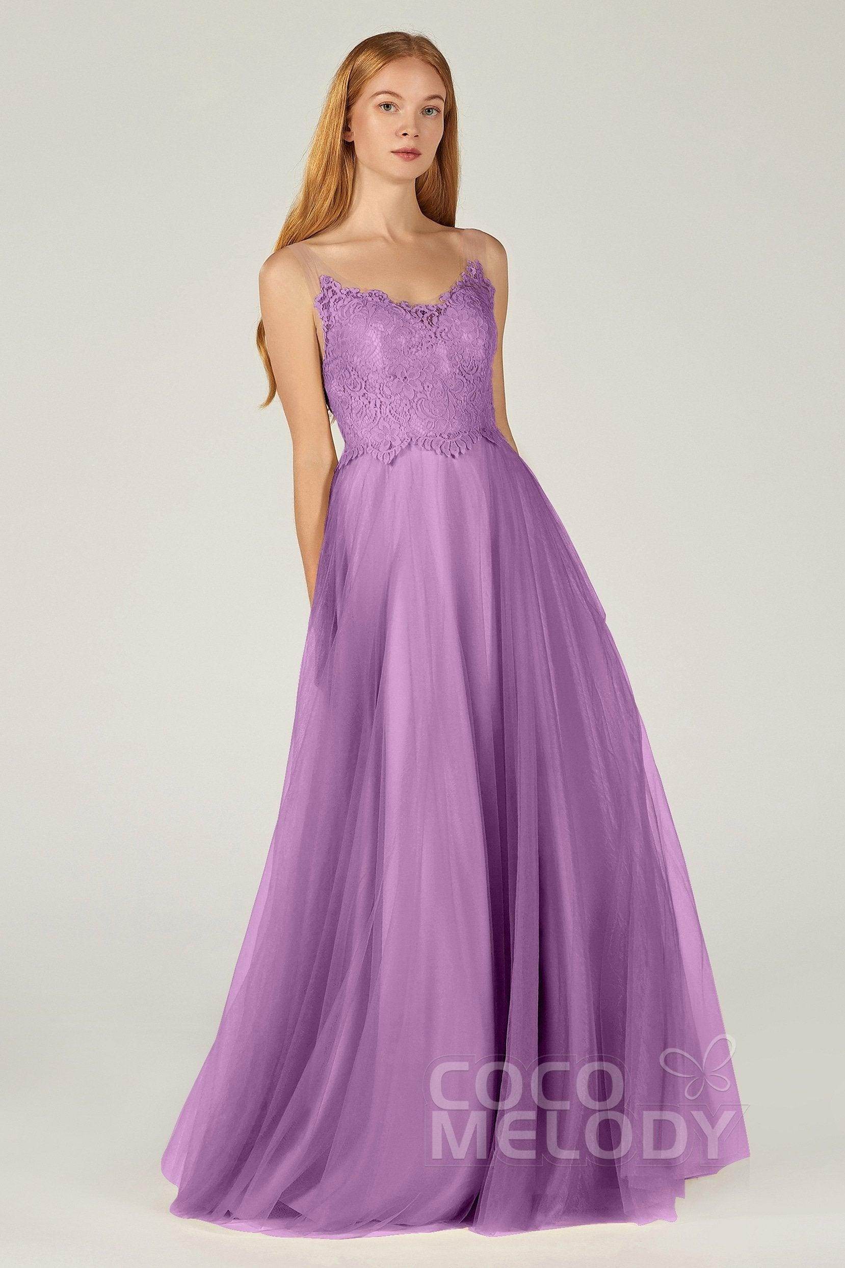 A-Line Floor Length Tulle Lace Bridesmaid Dress CB0378 - COCOMELODY