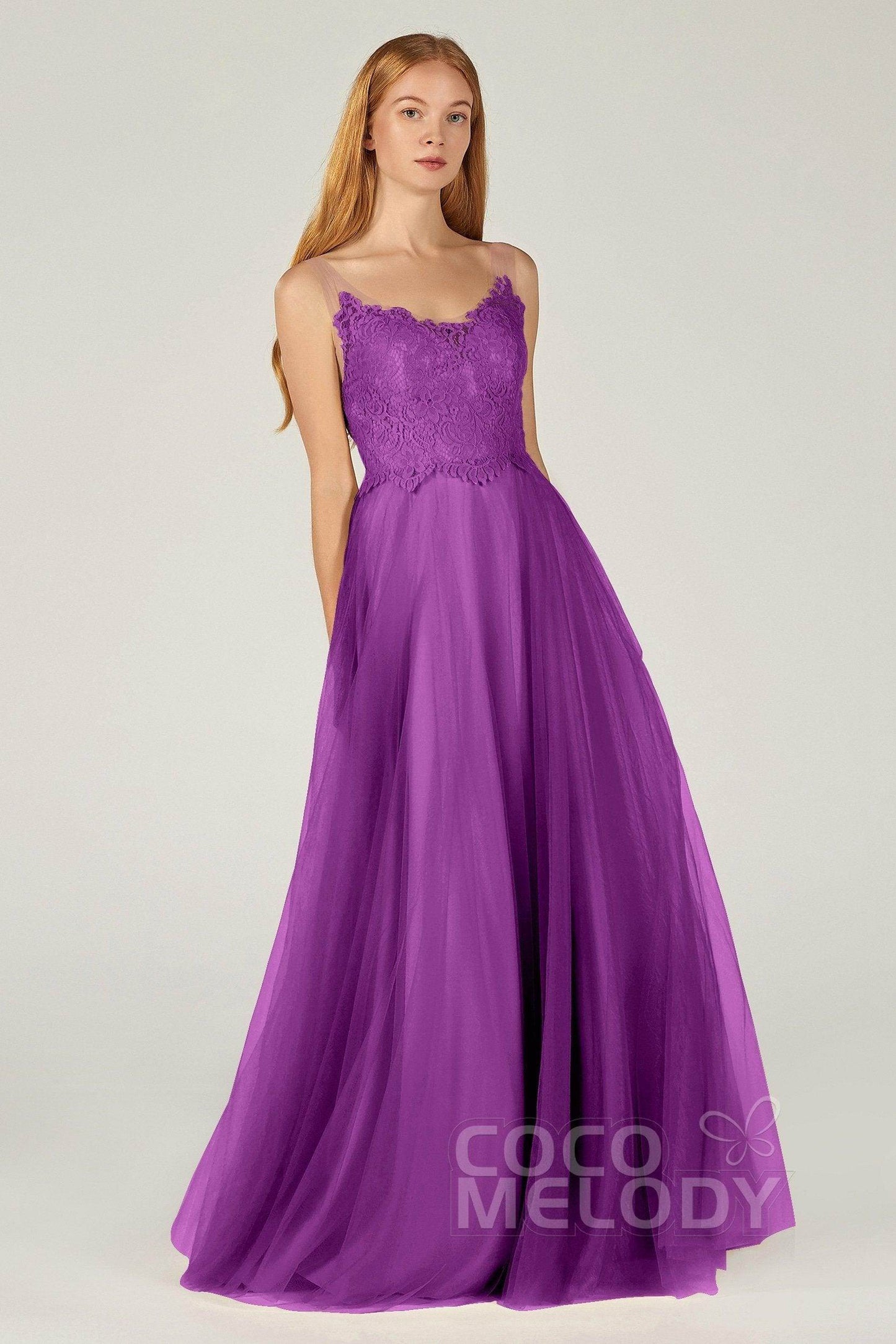A-Line Floor Length Tulle Lace Bridesmaid Dress CB0378 - COCOMELODY