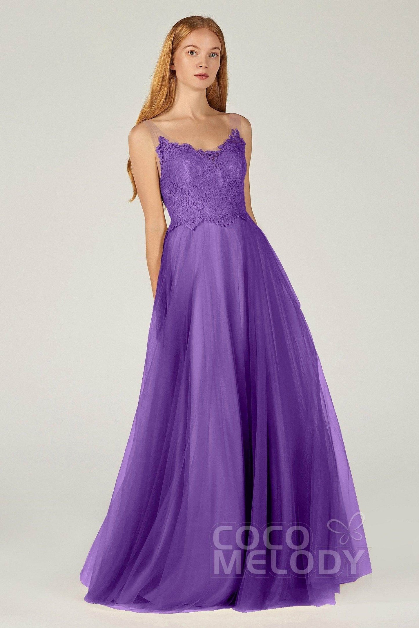 A-Line Floor Length Tulle Lace Bridesmaid Dress CB0378 - COCOMELODY
