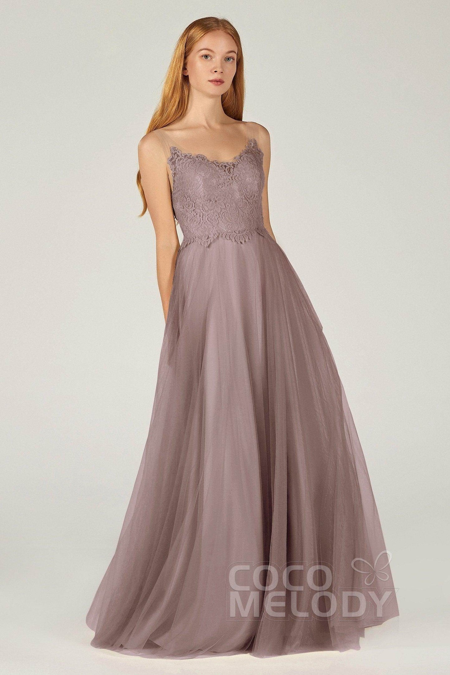 A-Line Floor Length Tulle Lace Bridesmaid Dress CB0378 - COCOMELODY