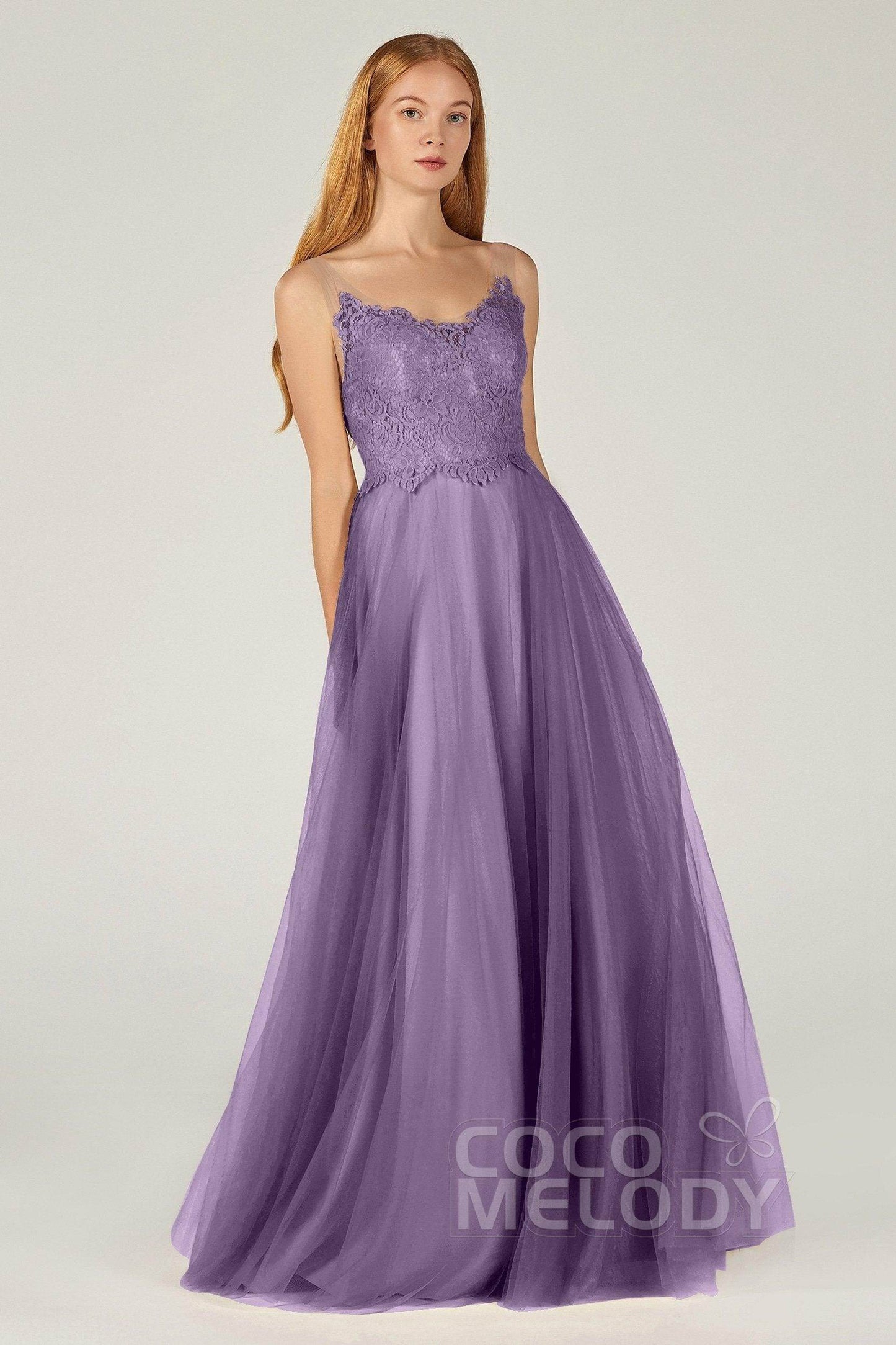 A-Line Floor Length Tulle Lace Bridesmaid Dress CB0378 - COCOMELODY