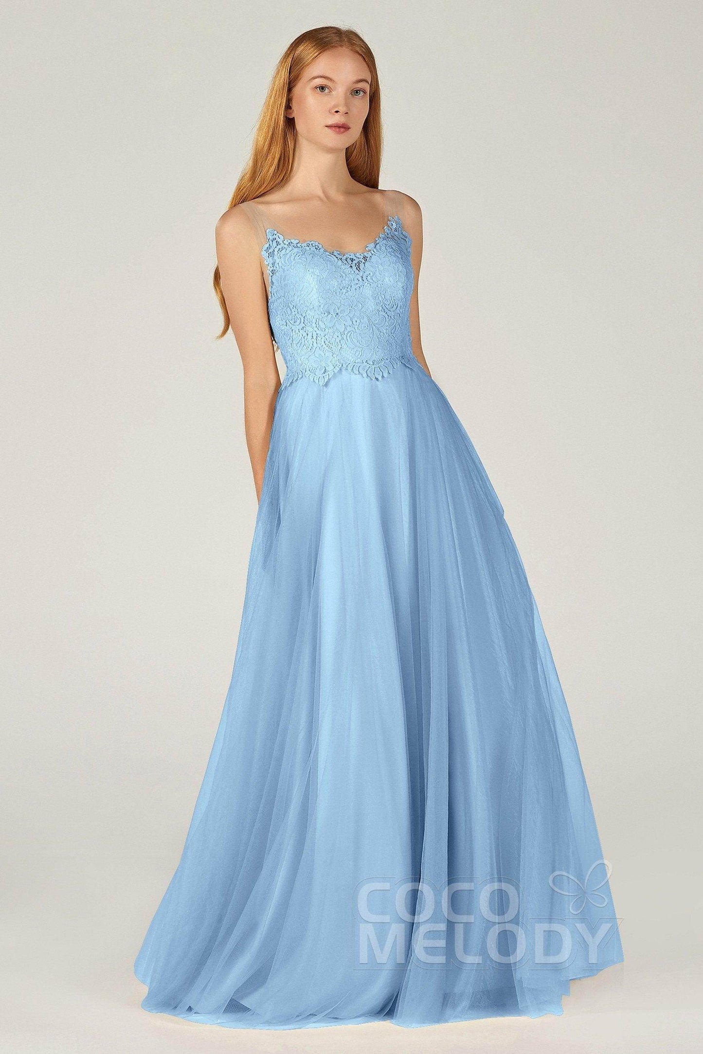 A-Line Floor Length Tulle Lace Bridesmaid Dress CB0378 - COCOMELODY