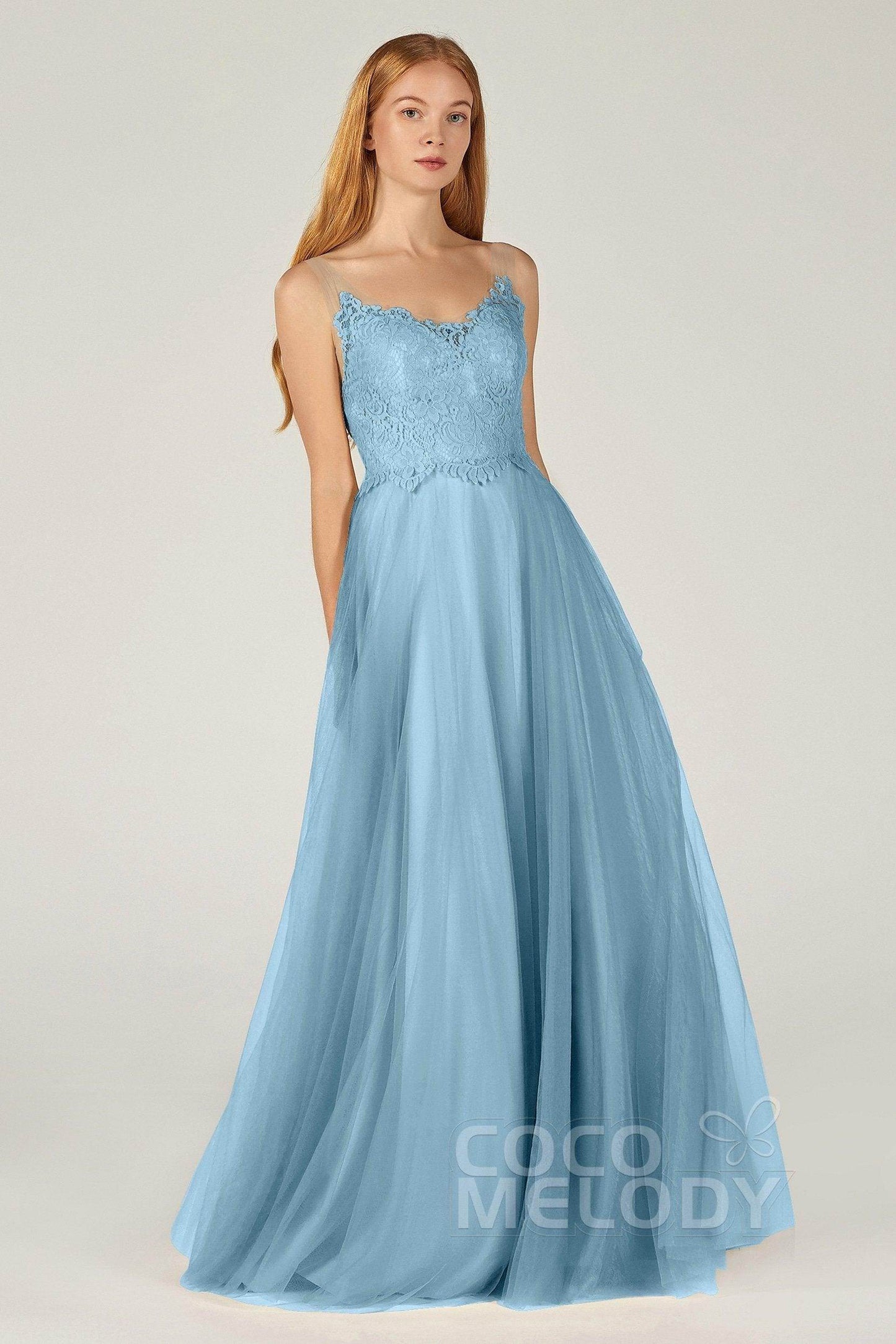A-Line Floor Length Tulle Lace Bridesmaid Dress CB0378 - COCOMELODY