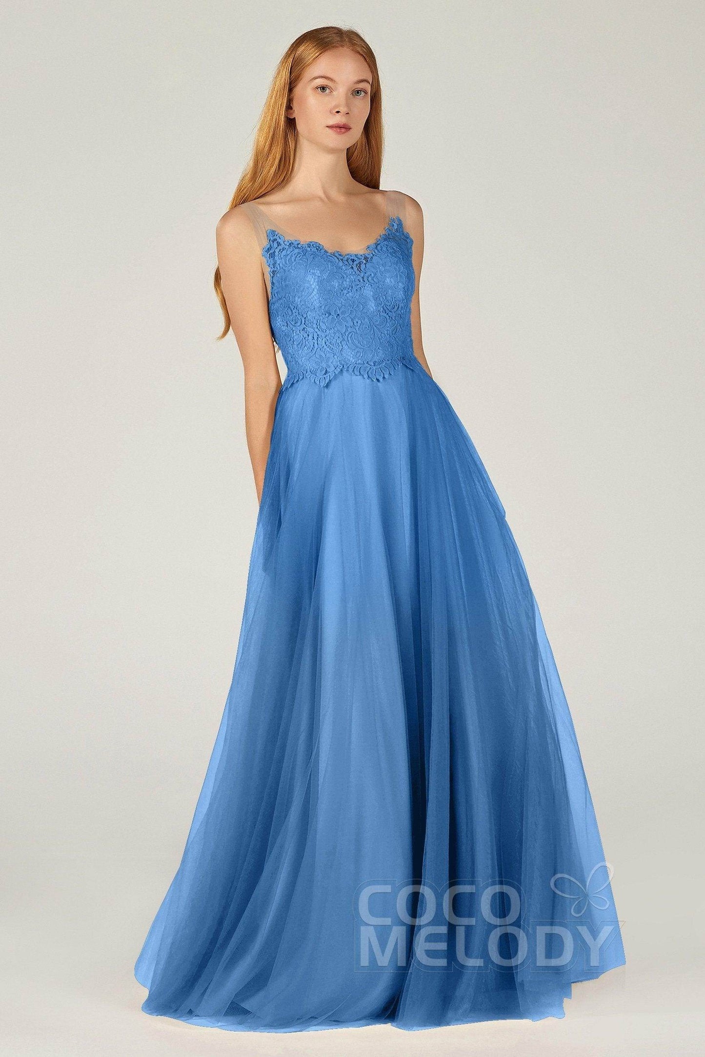 A-Line Floor Length Tulle Lace Bridesmaid Dress CB0378 - COCOMELODY