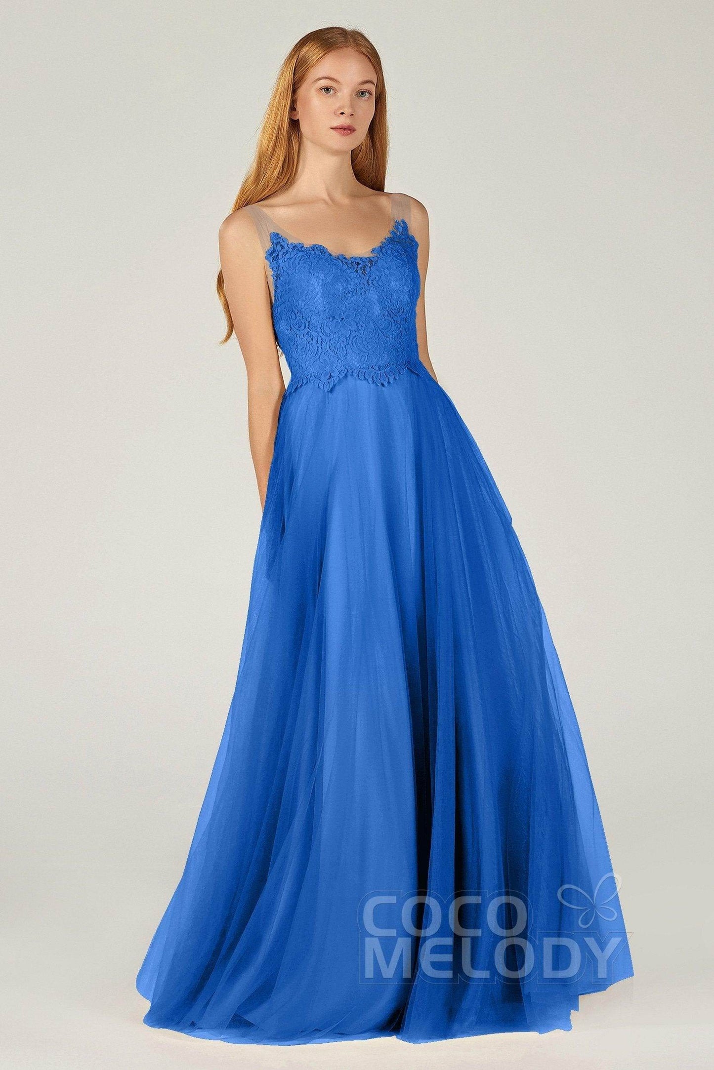 A-Line Floor Length Tulle Lace Bridesmaid Dress CB0378 - COCOMELODY