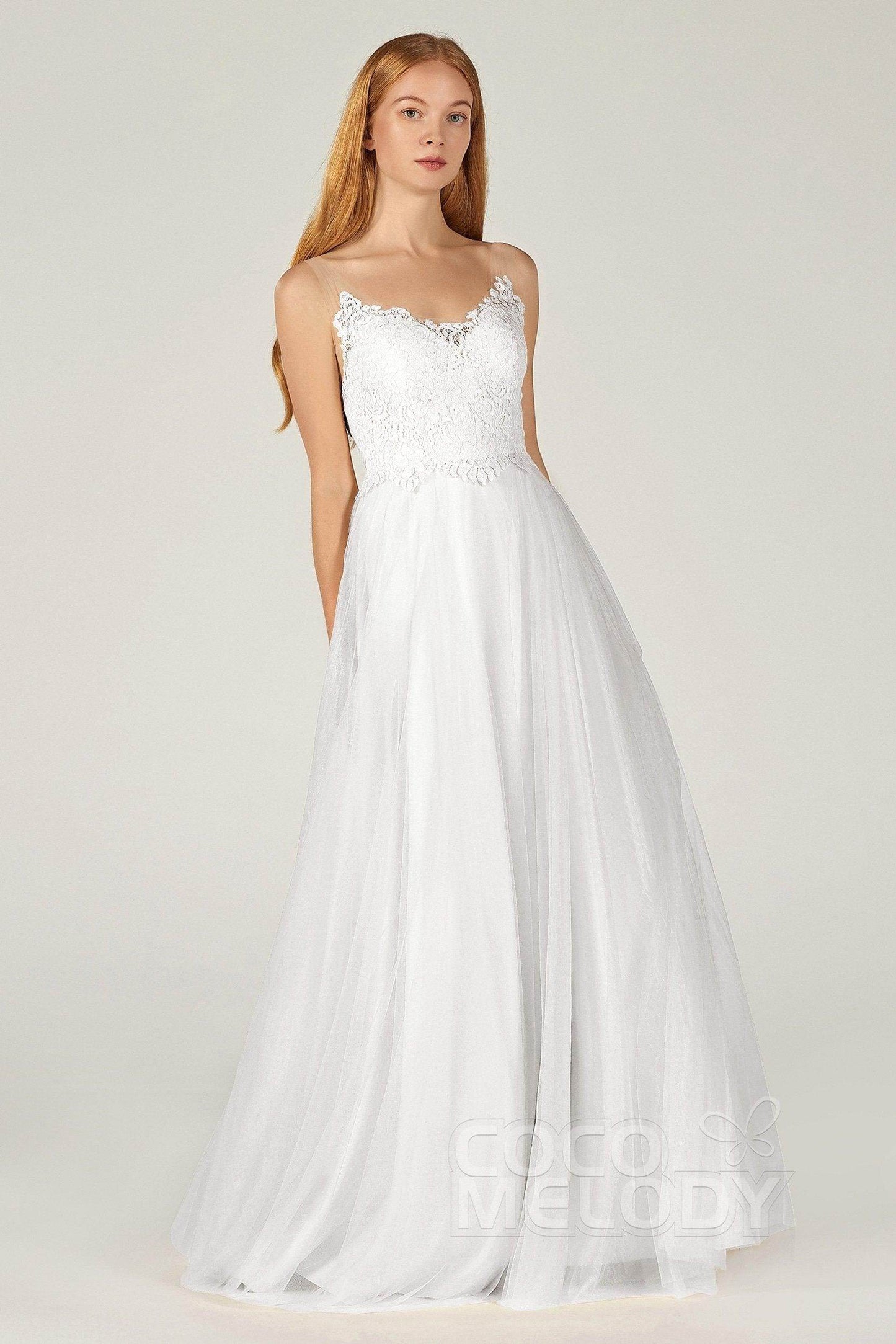 A-Line Floor Length Tulle Lace Bridesmaid Dress CB0378 - COCOMELODY