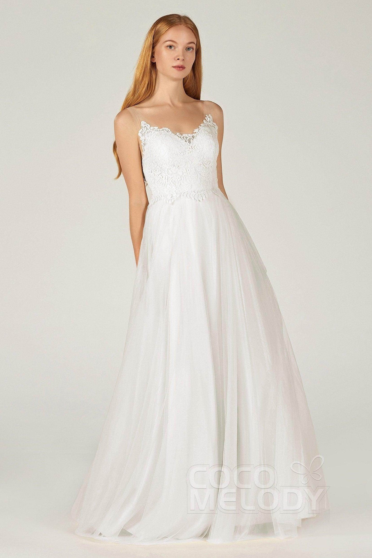 A-Line Floor Length Tulle Lace Bridesmaid Dress CB0378 - COCOMELODY