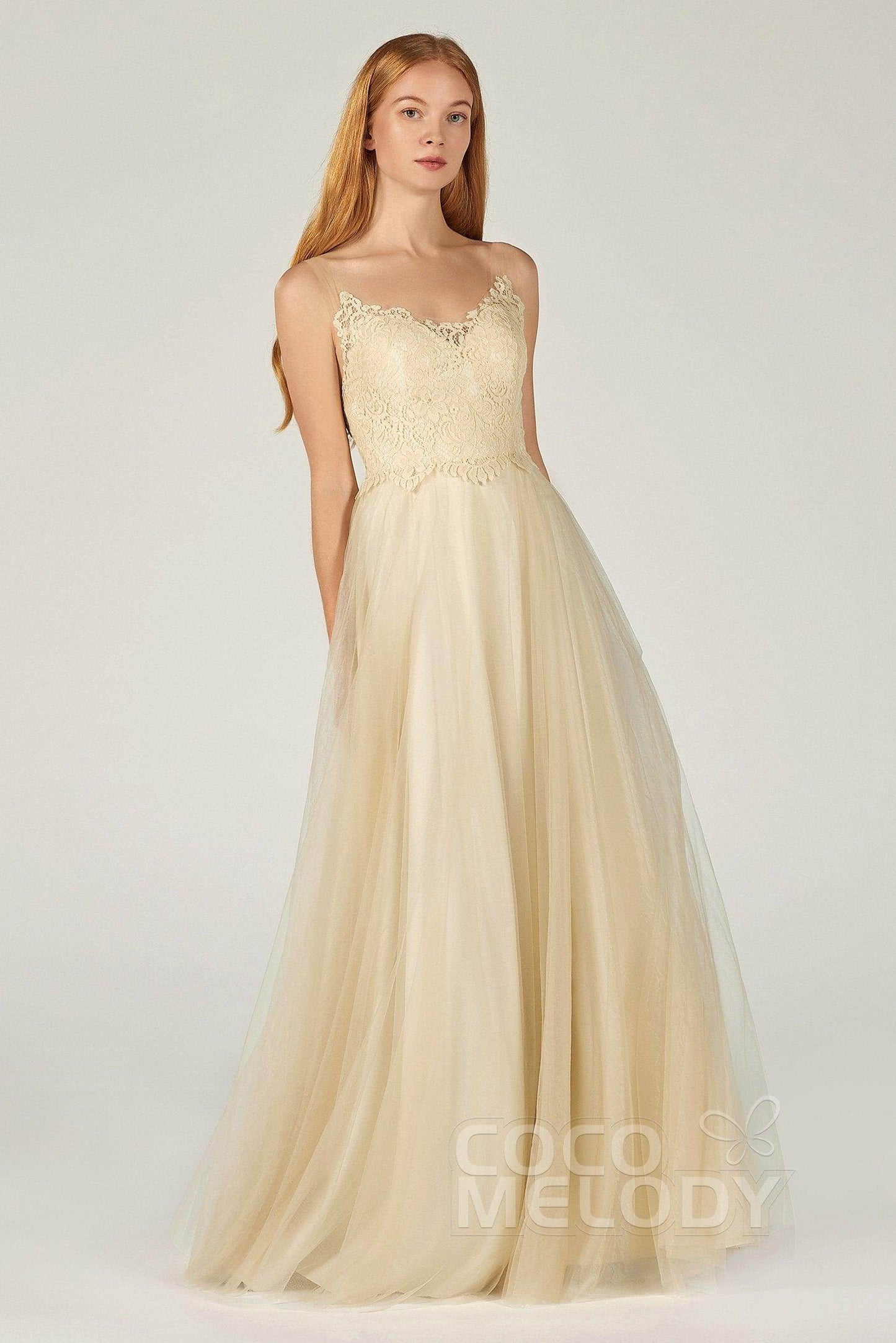 A-Line Floor Length Tulle Lace Bridesmaid Dress CB0378 - COCOMELODY