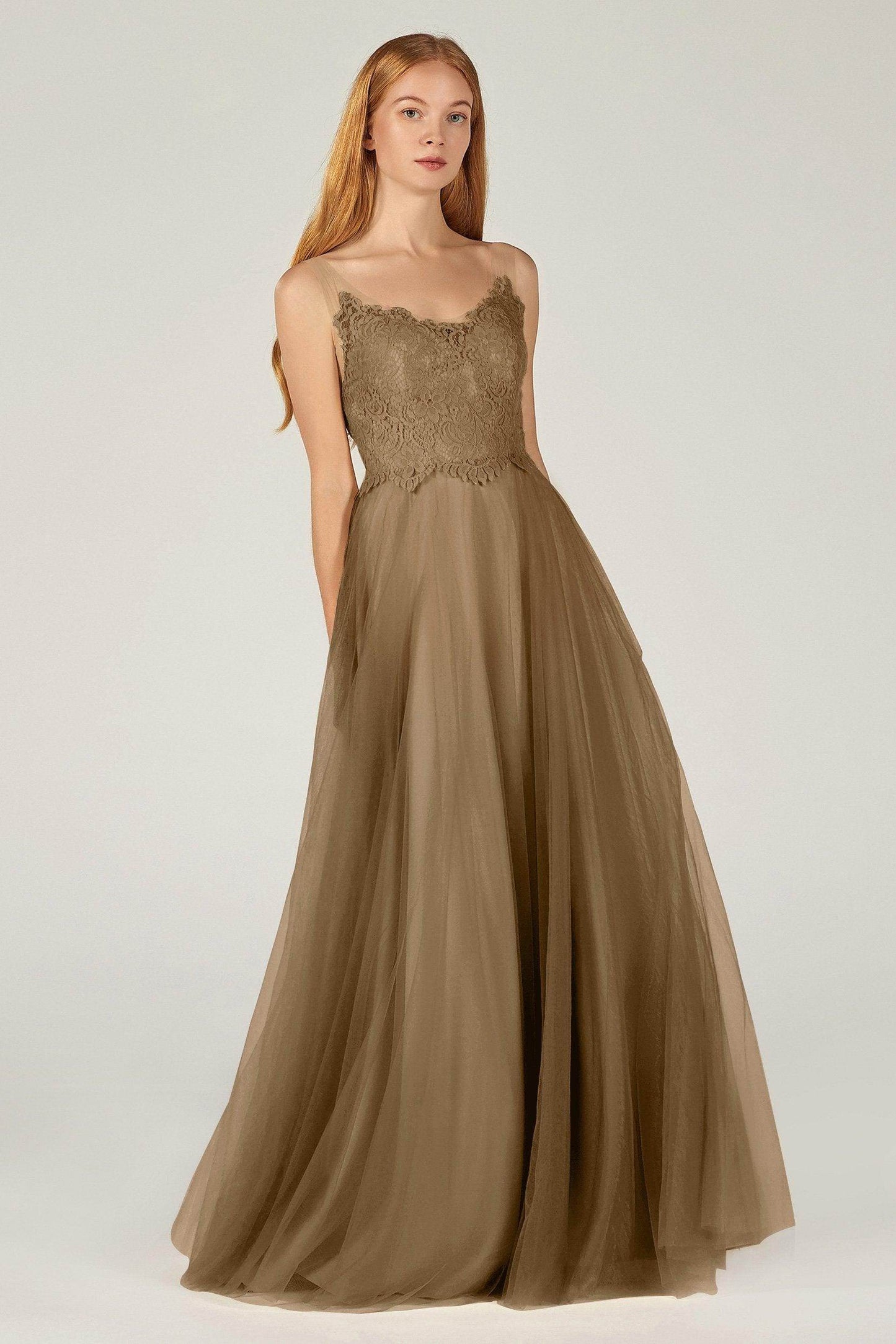 A-Line Floor Length Tulle Lace Bridesmaid Dress CB0378 - COCOMELODY