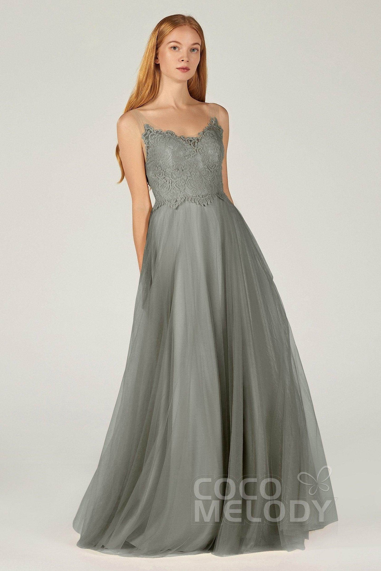 A-Line Floor Length Tulle Lace Bridesmaid Dress CB0378 - COCOMELODY