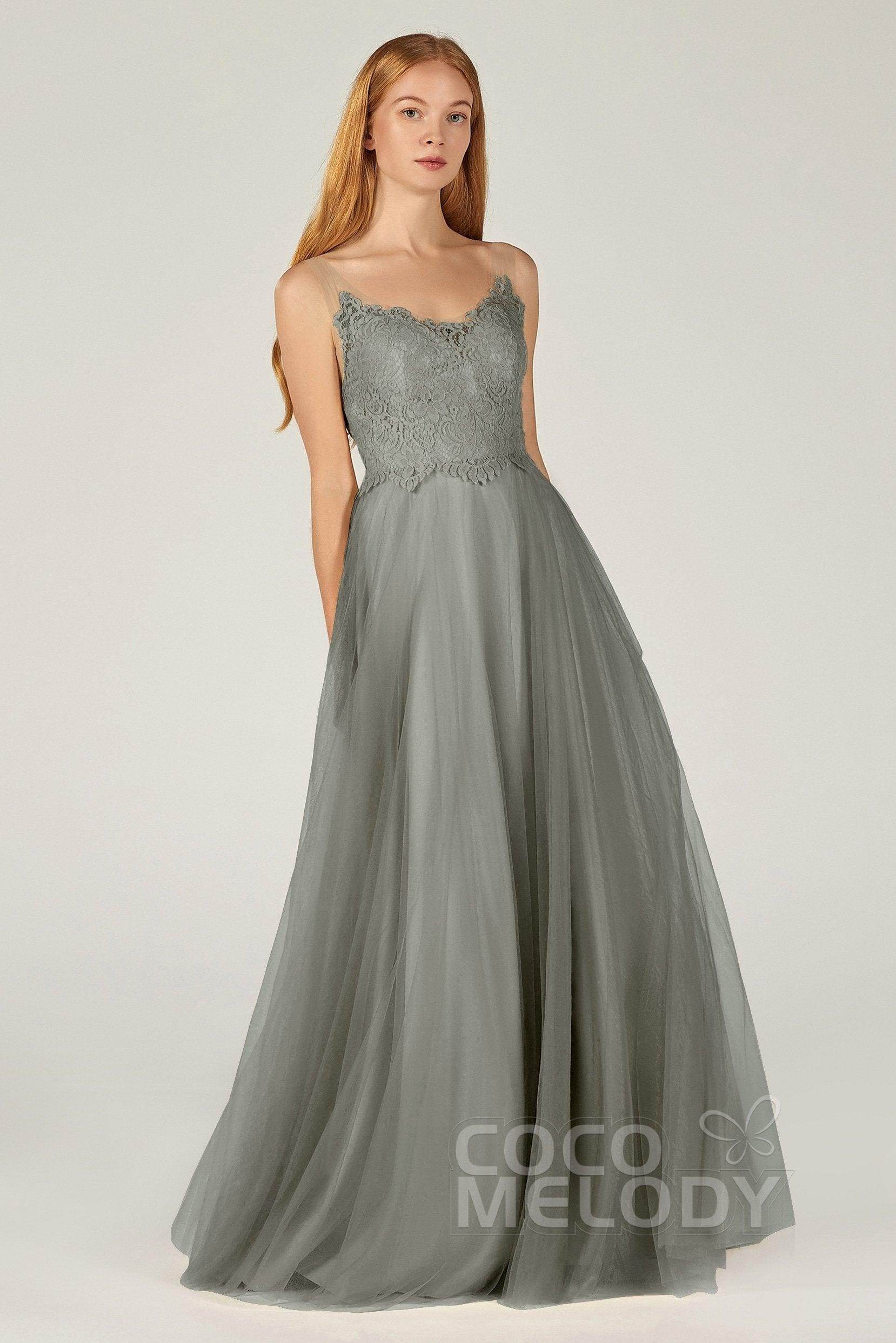 A-Line Floor Length Tulle Lace Bridesmaid Dress CB0378 - COCOMELODY