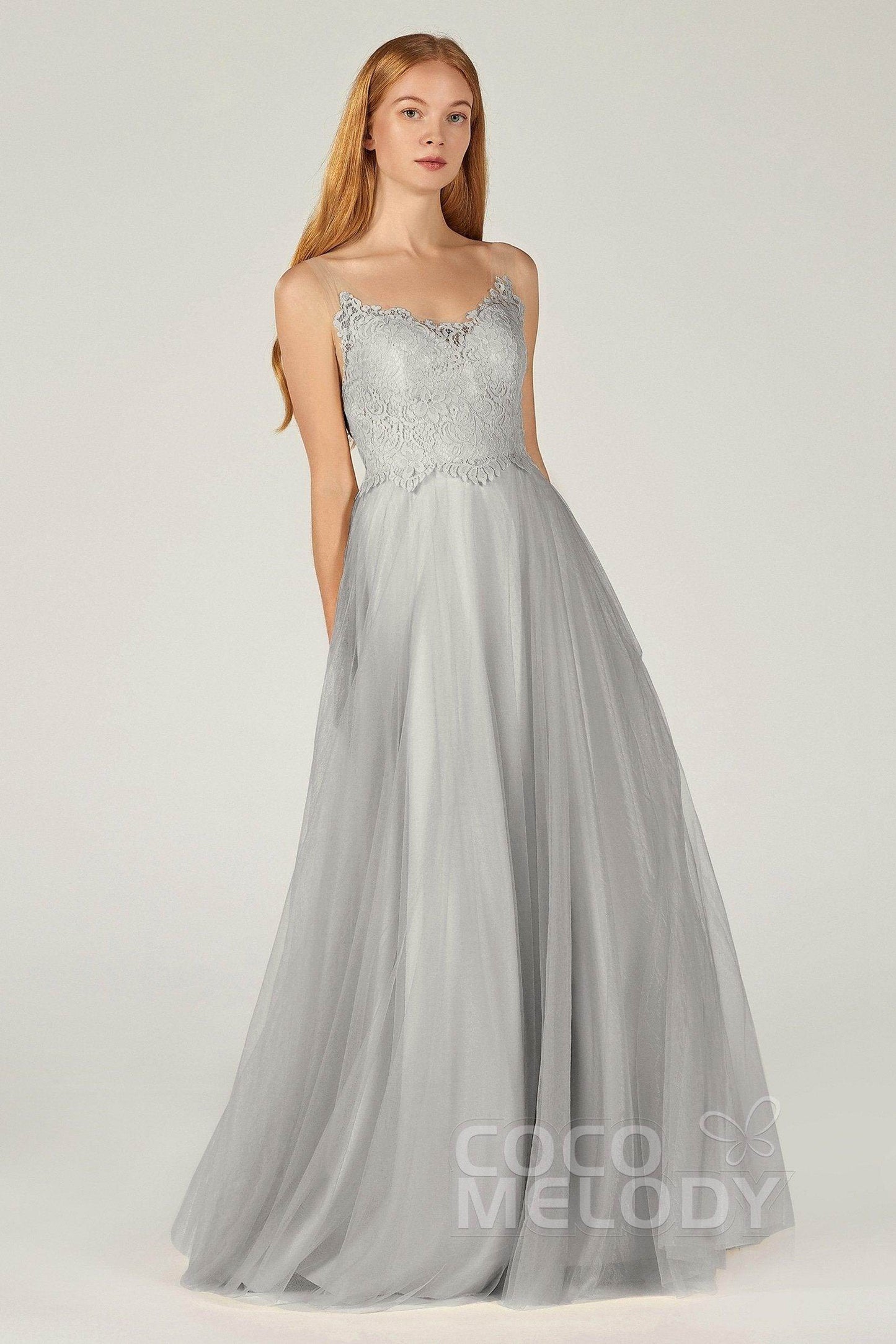 A-Line Floor Length Tulle Lace Bridesmaid Dress CB0378 - COCOMELODY